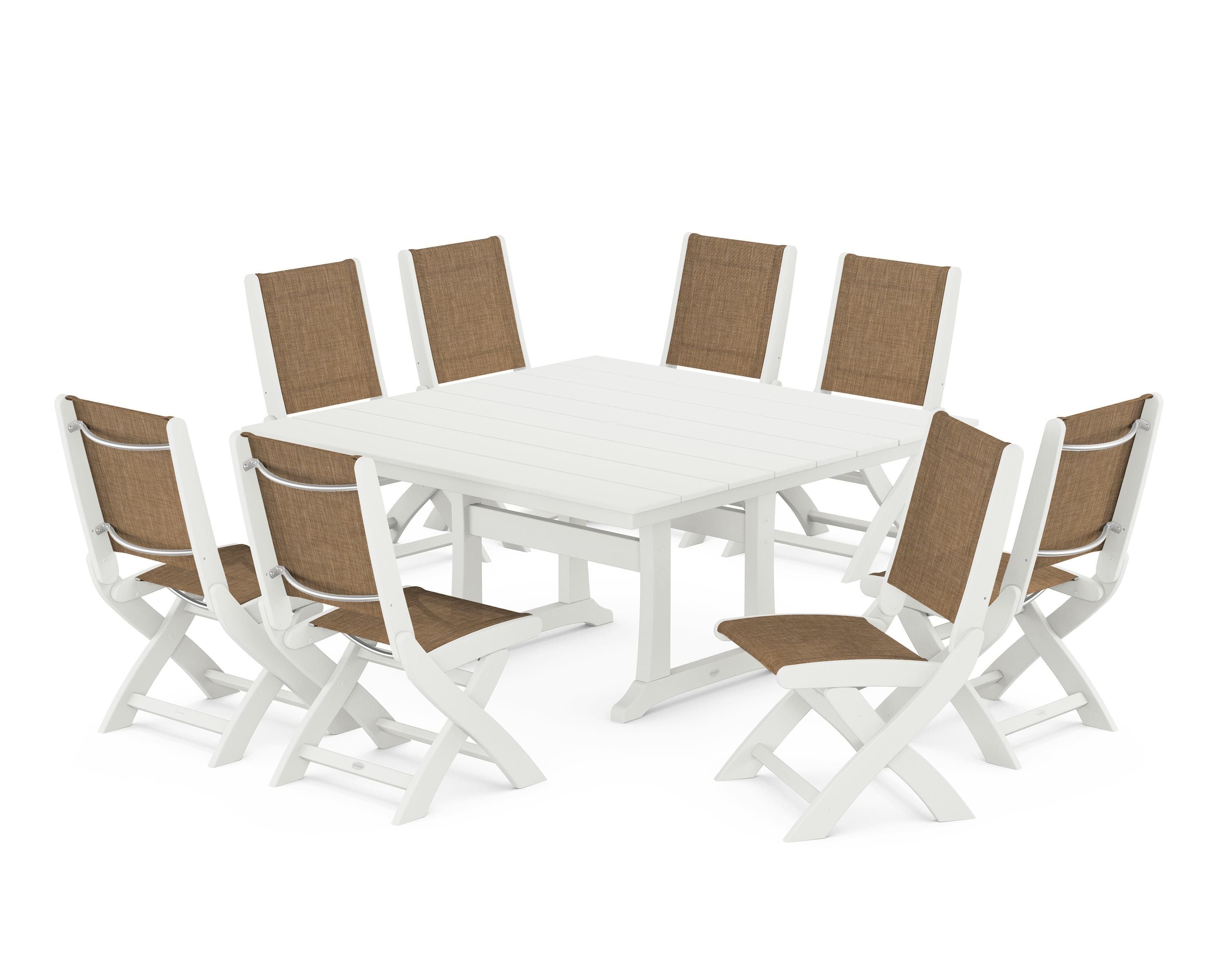 POLYWOOD Coastal Folding Side Chair 9-Piece Farmhouse Dining Set in Vintage White / Burlap Sling