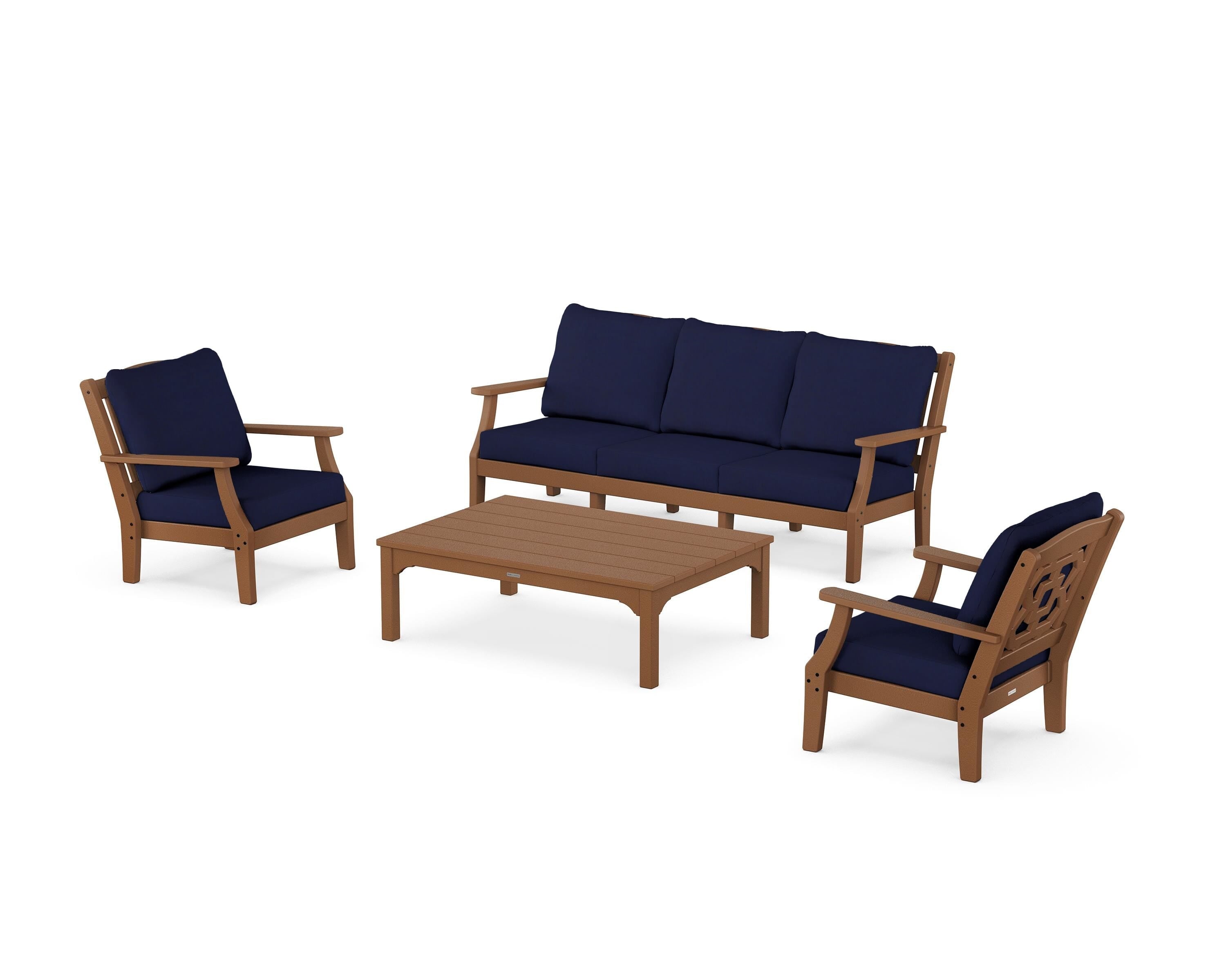 Martha Stewart by POLYWOOD Chinoiserie 4-Piece Deep Seating Set with Sofa in Teak / Navy