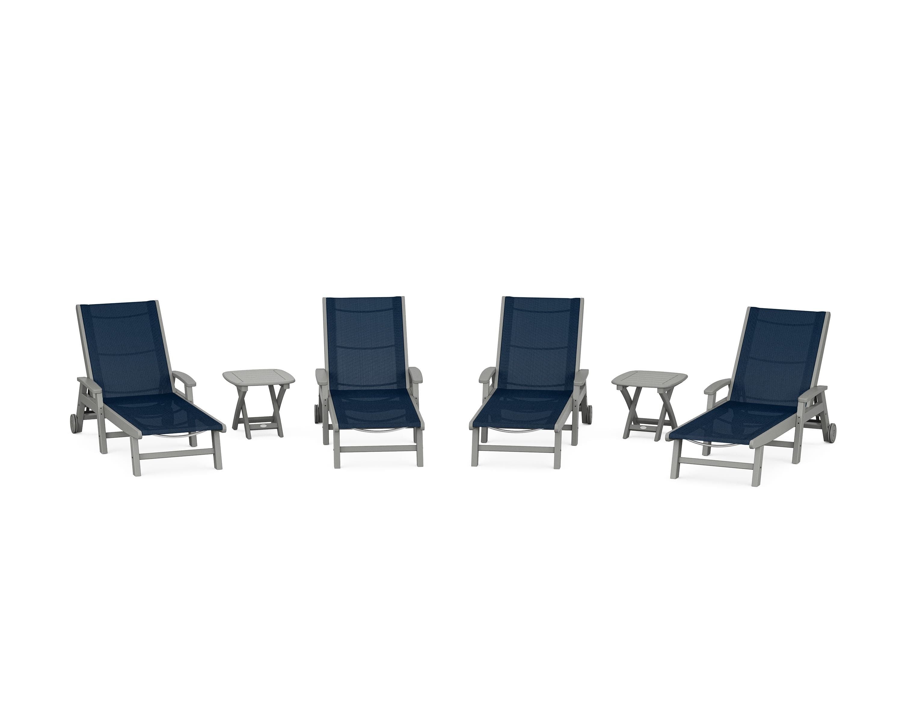 POLYWOOD Coastal Chaise 6-Piece Set with Wheels in Slate Grey / Navy Blue Sling