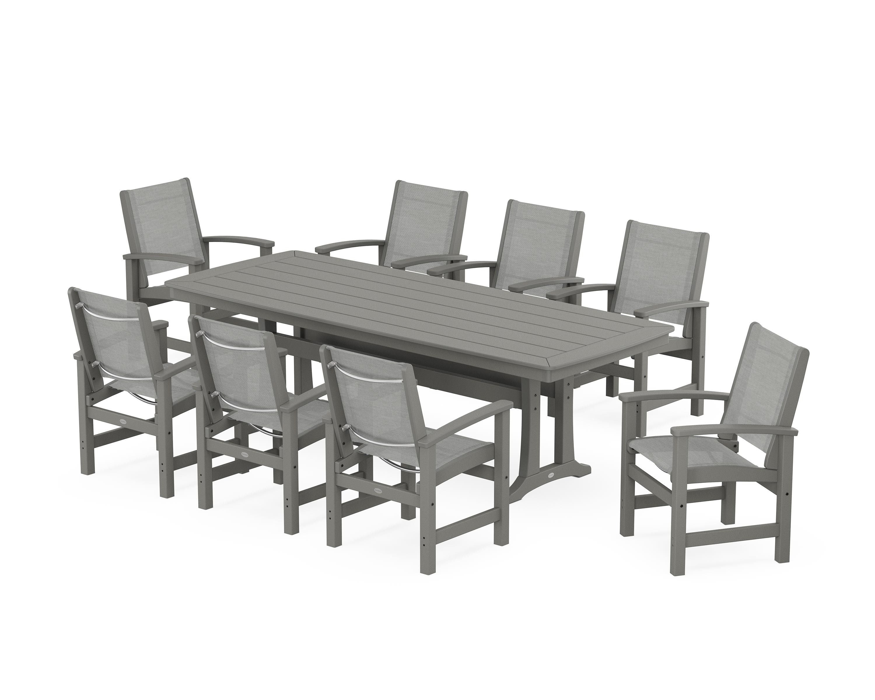 POLYWOOD Coastal 9-Piece Dining Set with Trestle Legs in Slate Grey / Metallic Sling
