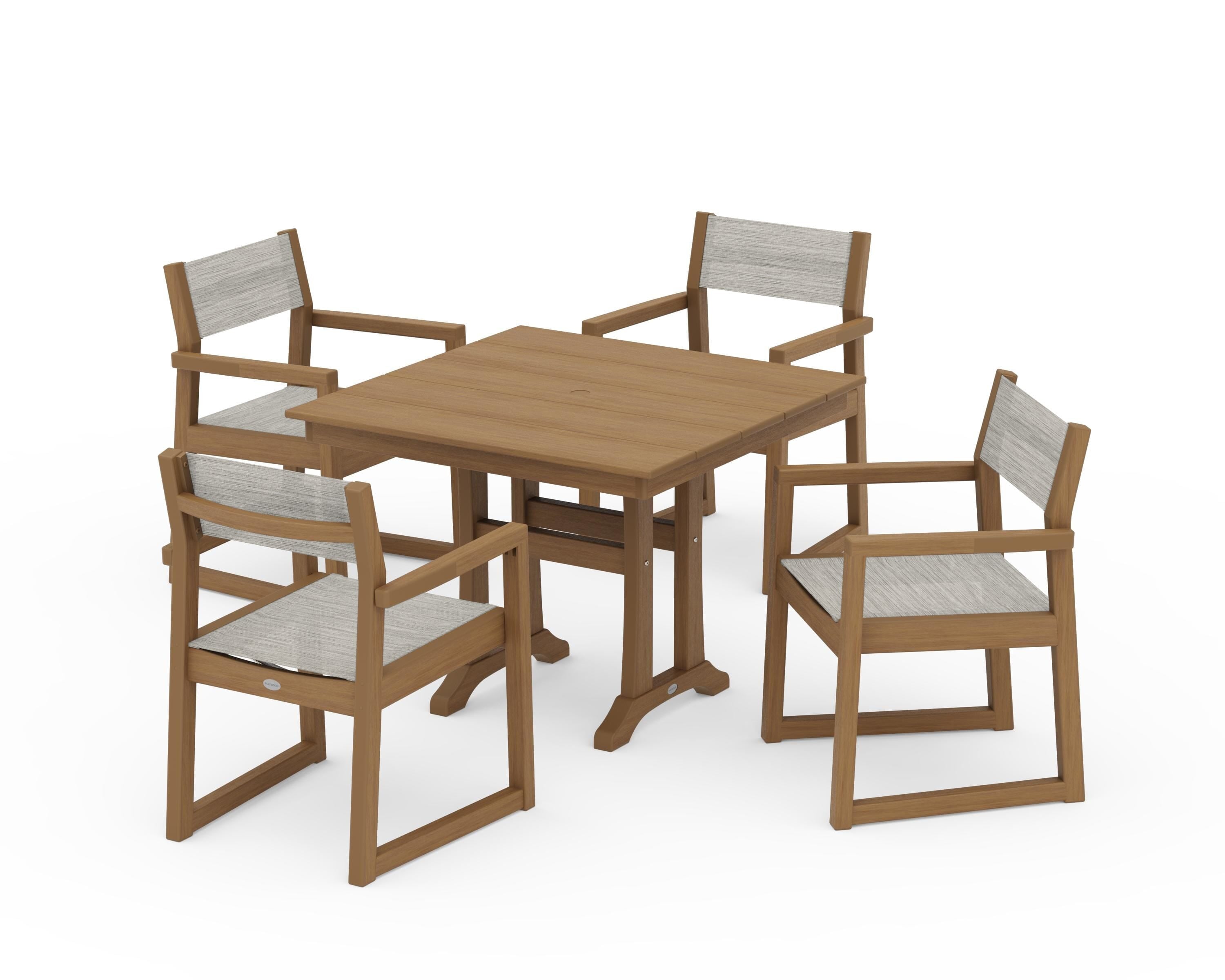 POLYWOOD EDGE Sling 5-Piece Farmhouse Dining Set with Trestle Legs in Natural / Birch Sling