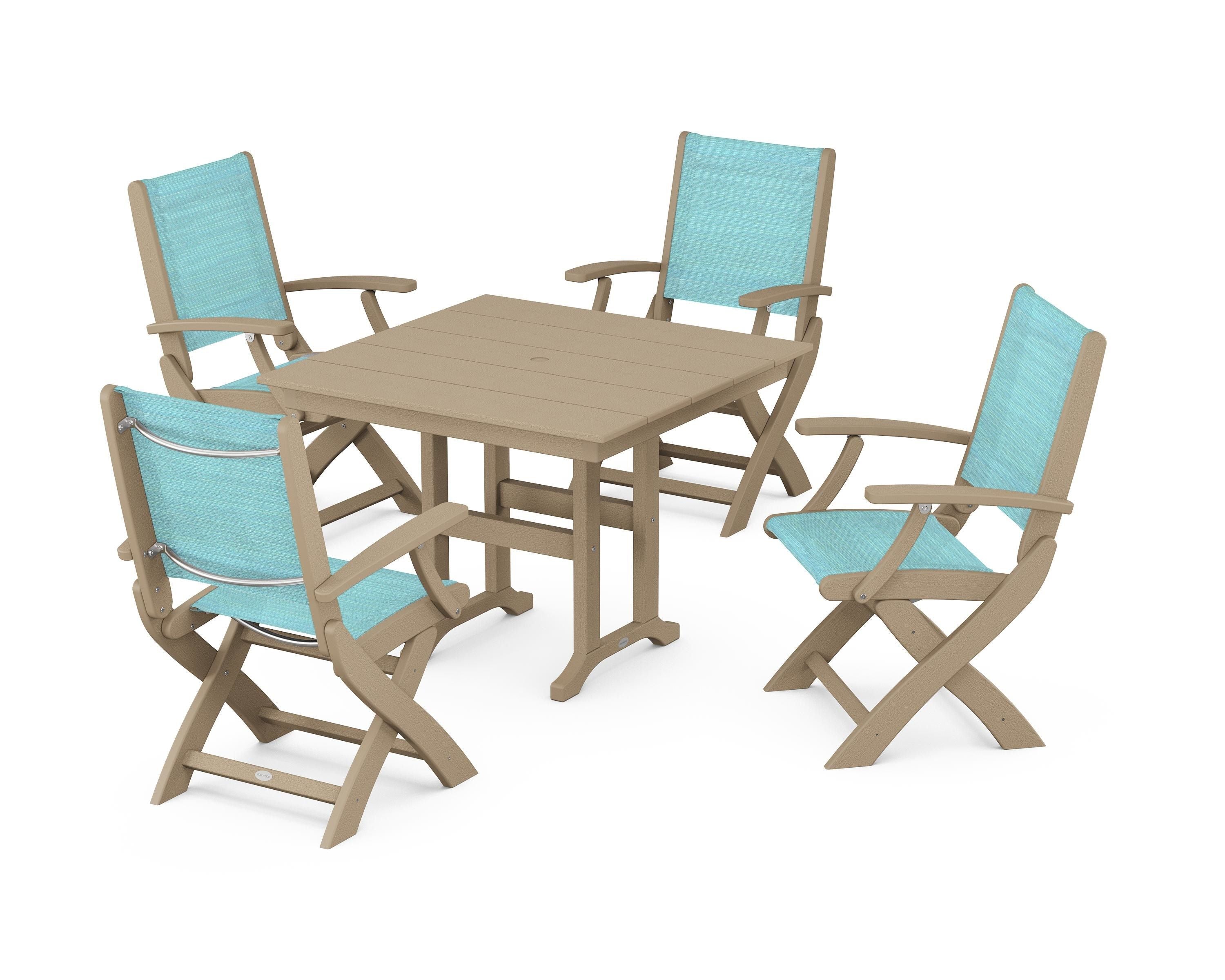 POLYWOOD Coastal Folding Chair 5-Piece Farmhouse Dining Set in Vintage Sahara / Dupioni Aquamarine Sling