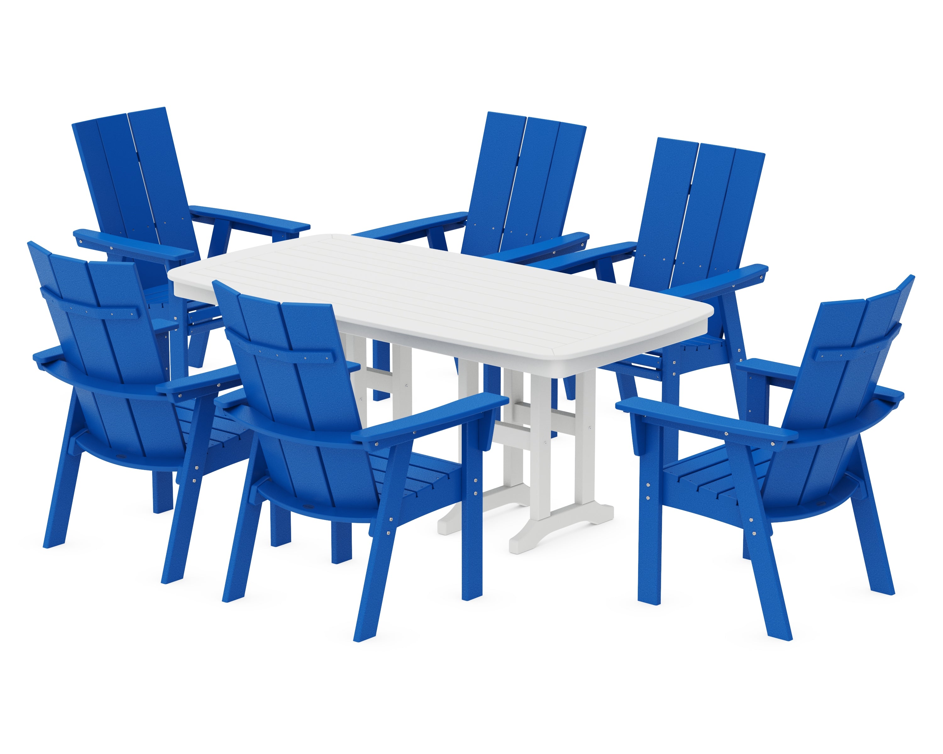 POLYWOOD Modern Curveback Adirondack 7-Piece Dining Set in Pacific Blue / White