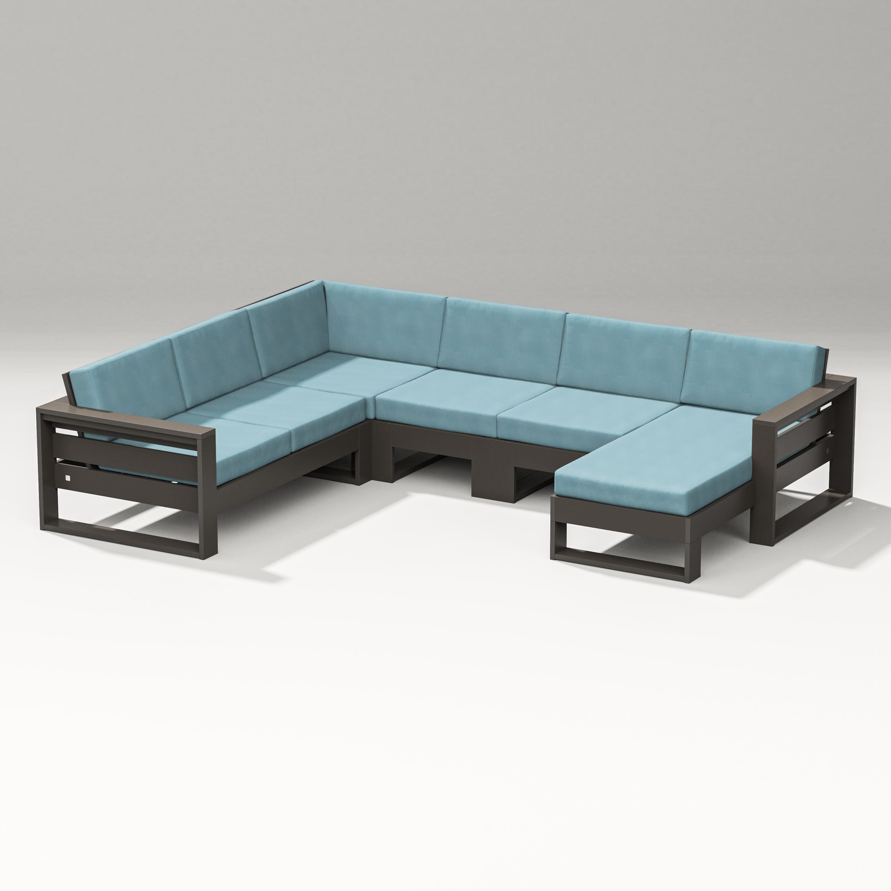 PW Designer Series Latitude Corner Sectional with Right Chaise in Vintage Coffee / Lattice Sky Blue