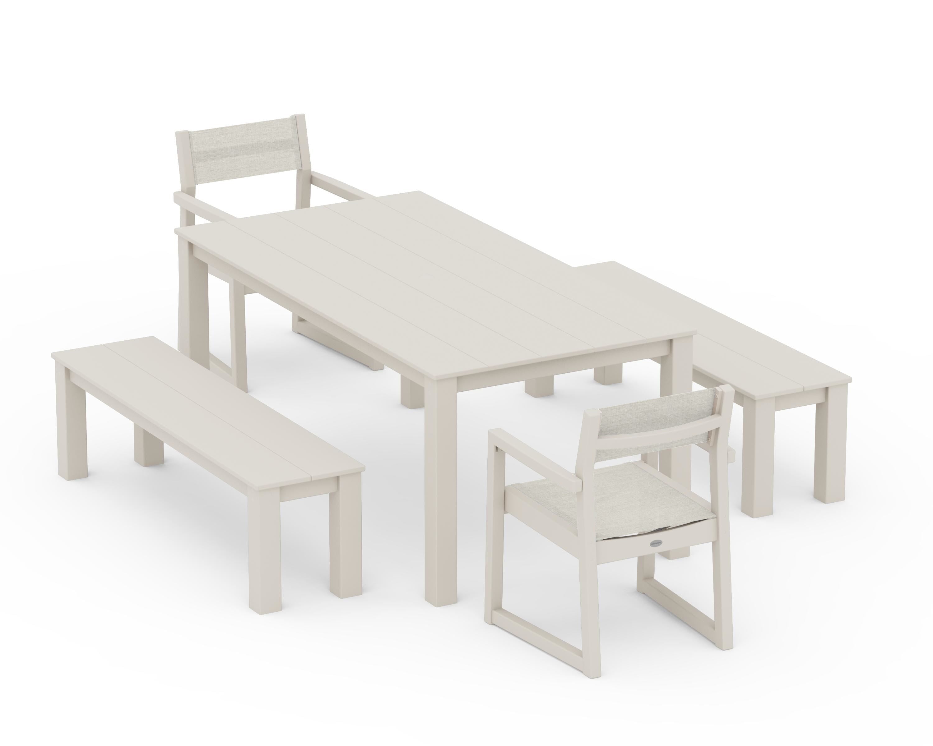 POLYWOOD EDGE Sling Arm Chair 5-Piece Parsons Dining Set with Benches in Sand / Parchment Sling