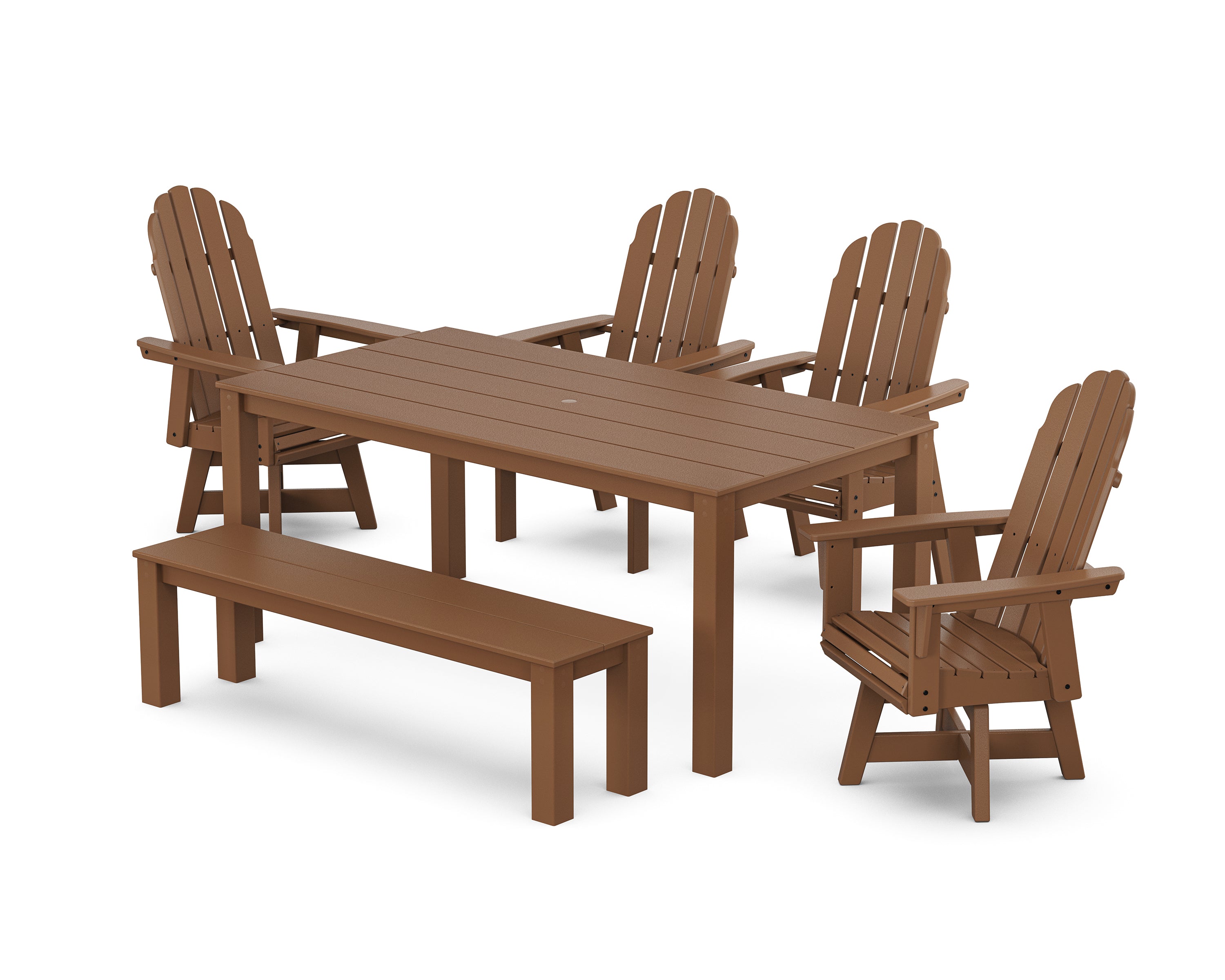 POLYWOOD® Vineyard Curveback Adirondack 6-Piece Parsons Swivel Dining Set with Bench in Teak