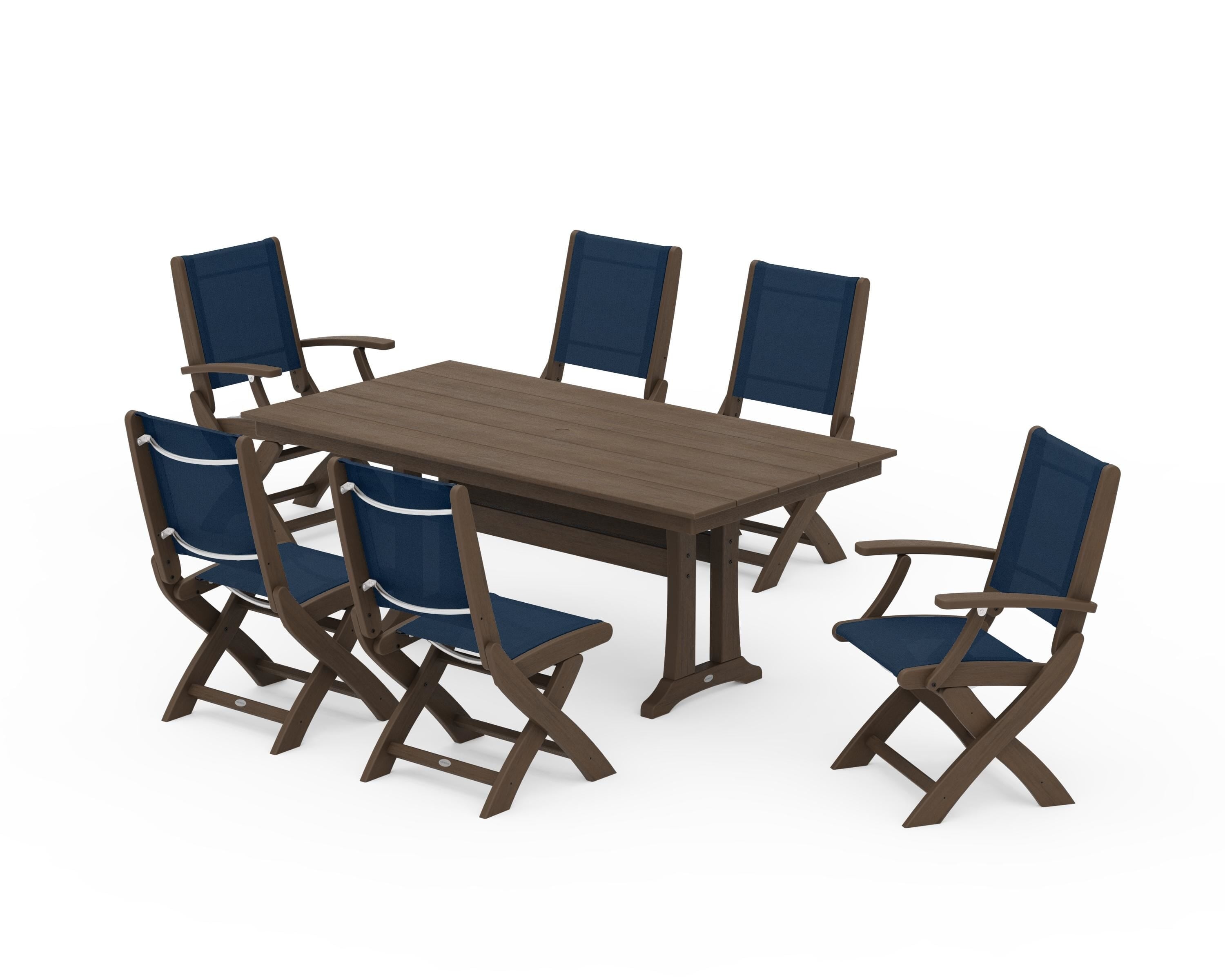 POLYWOOD Coastal Folding Chair 7-Piece Farmhouse Dining Set with Trestle Legs in Kona / Navy Blue Sling