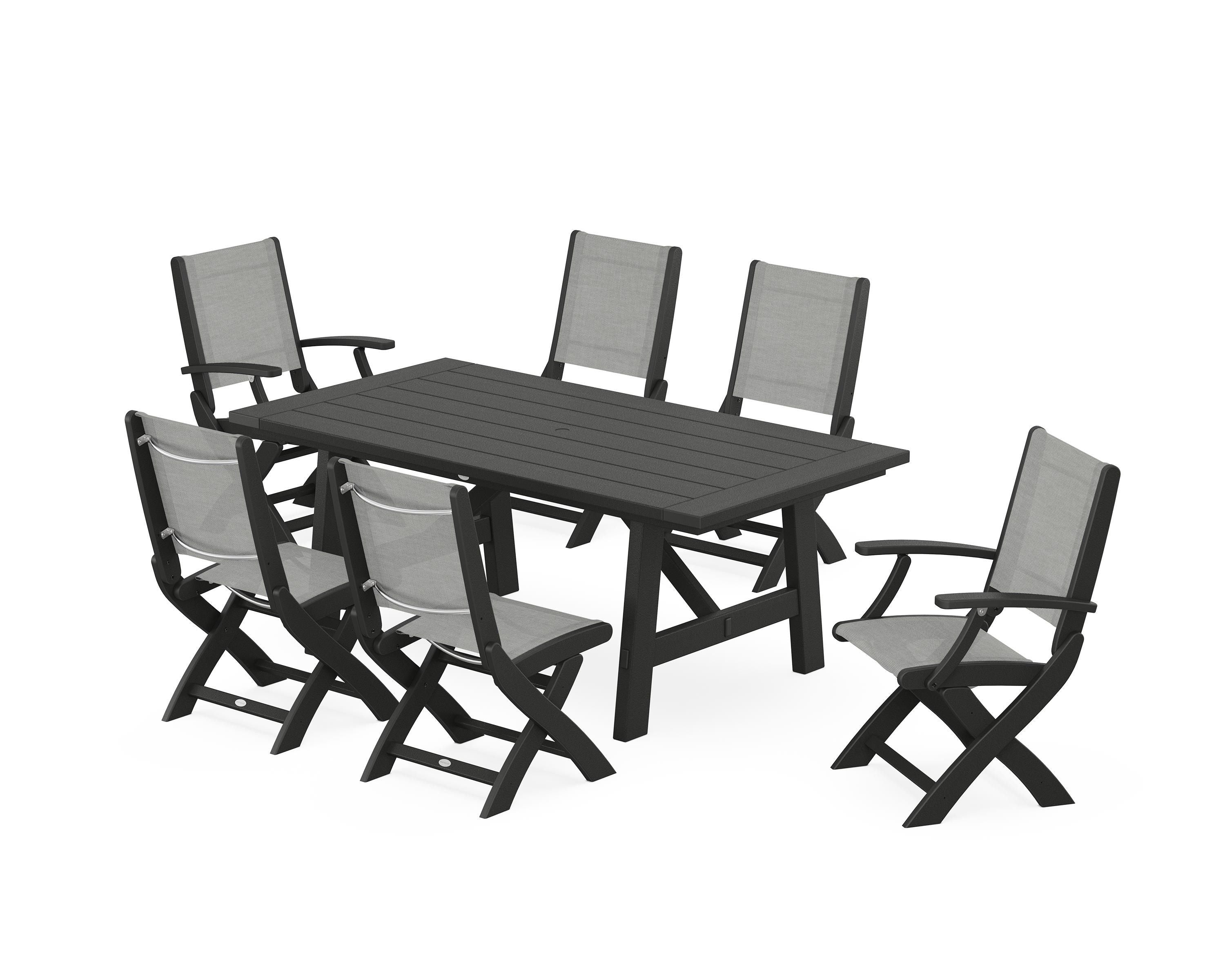 POLYWOOD Coastal Folding Chair 7-Piece Rustic Farmhouse Dining Set in Black / Metallic Sling