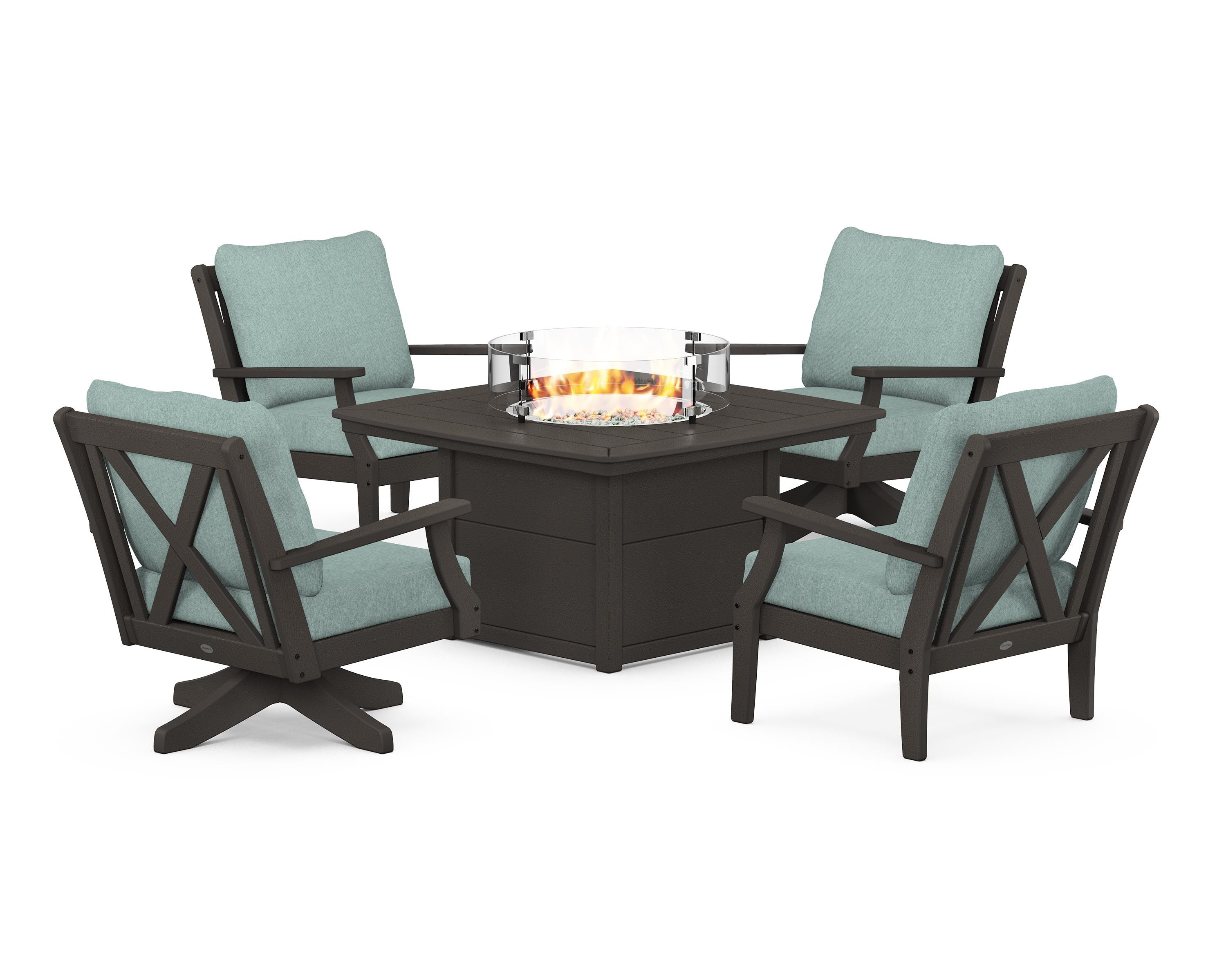 POLYWOOD Braxton 5-Piece Deep Seating Set with Fire Table in Vintage Coffee / Glacier Spa
