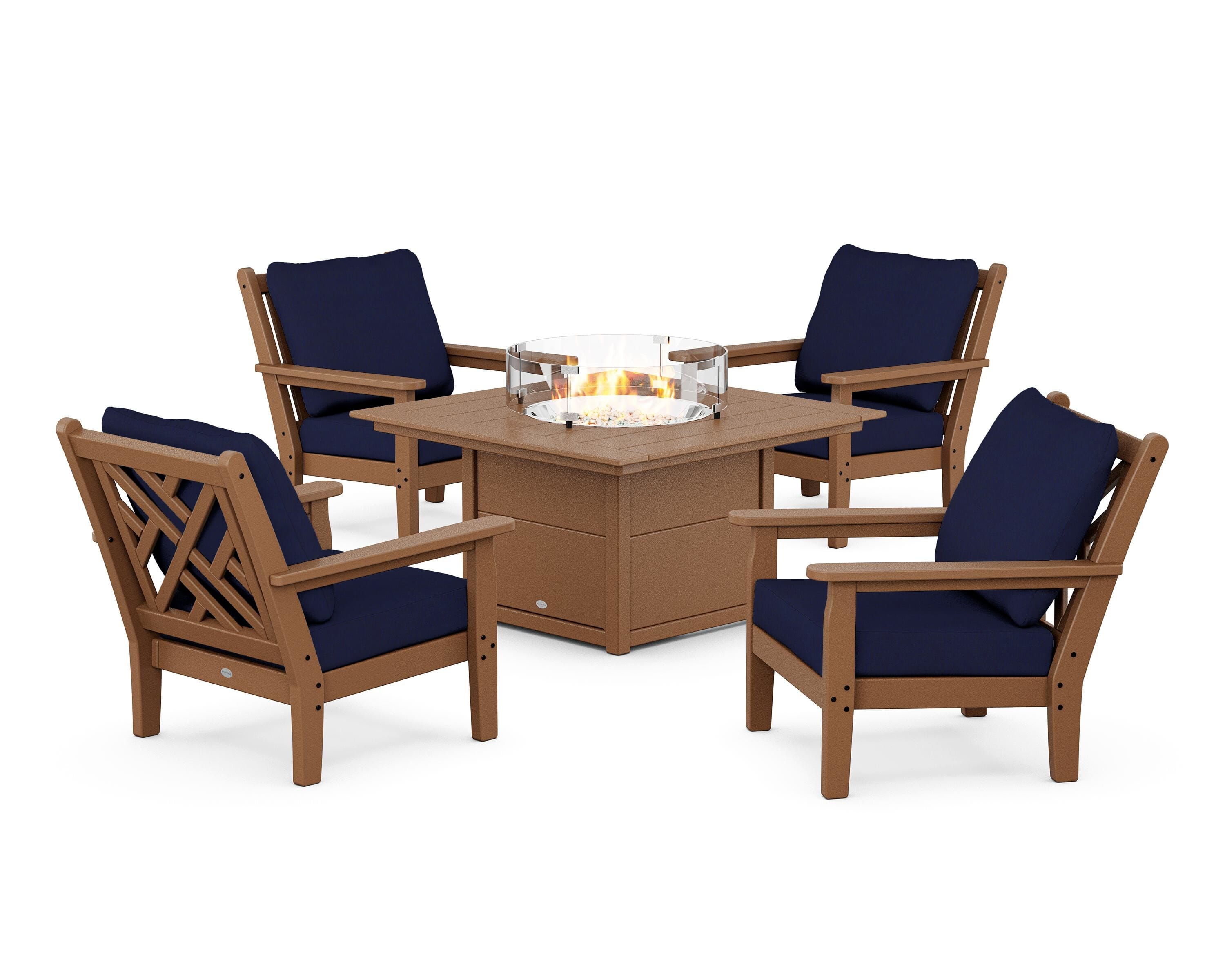 POLYWOOD Chippendale 5-Piece Deep Seating Set with Fire Pit Table in Teak / Navy