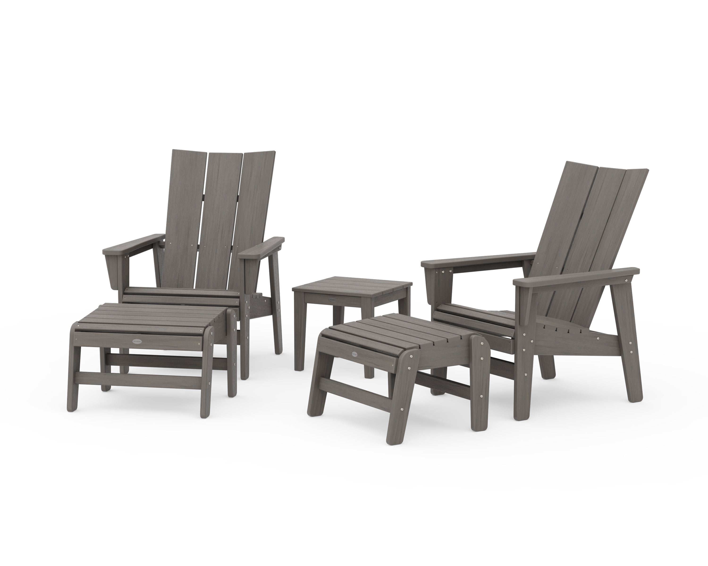 POLYWOOD 5-Piece Modern Grand Upright Adirondack Set with Ottomans and Side Table in Driftwood