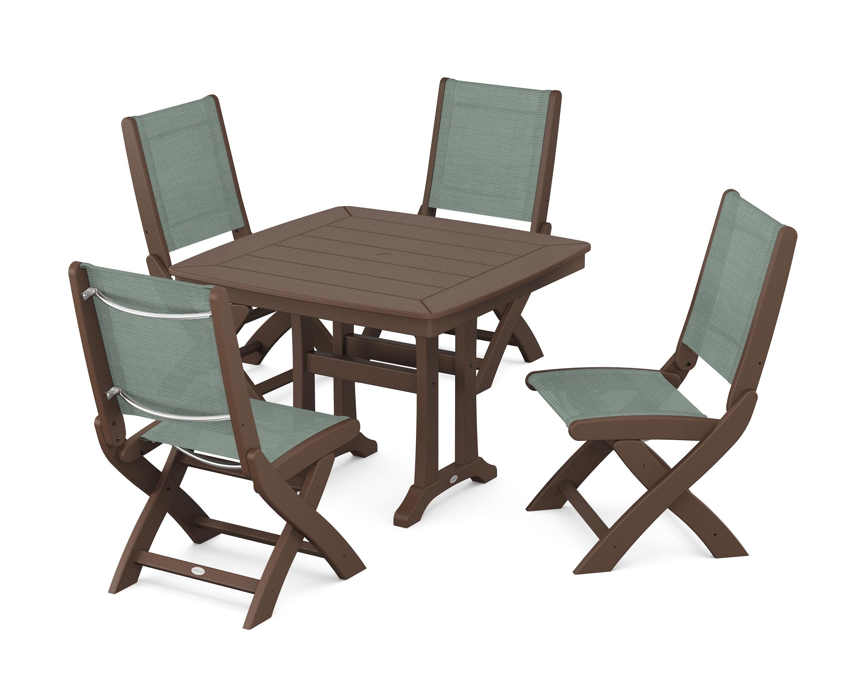 POLYWOOD Coastal Folding Side Chair 5-Piece Dining Set with Trestle Legs in Mahogany / Dupioni Sea Mist Sling