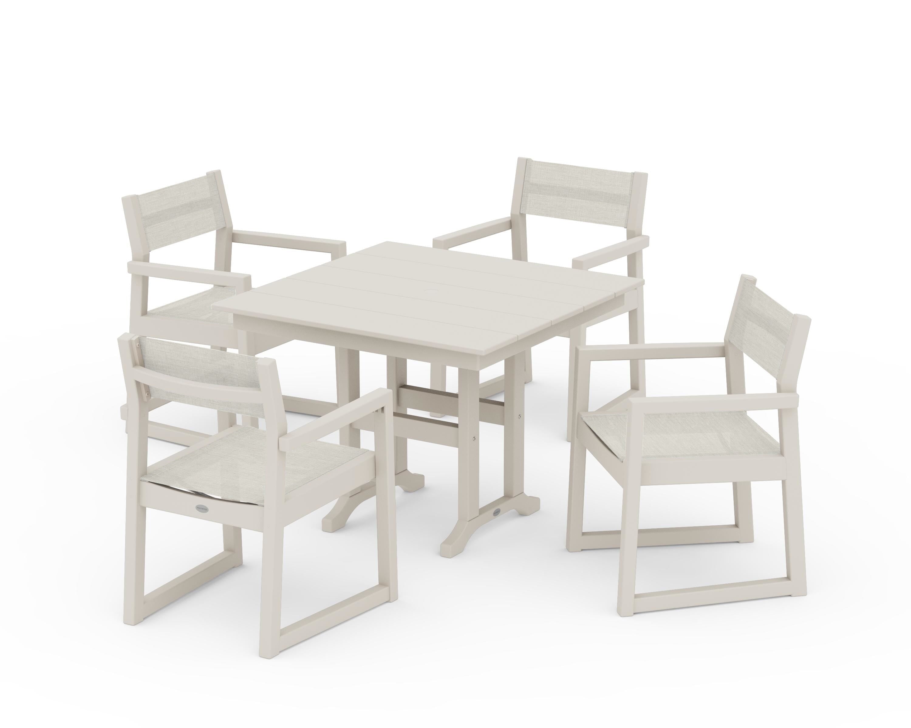 POLYWOOD EDGE Sling Arm Chair 5-Piece Farmhouse Dining Set in Sand / Parchment Sling