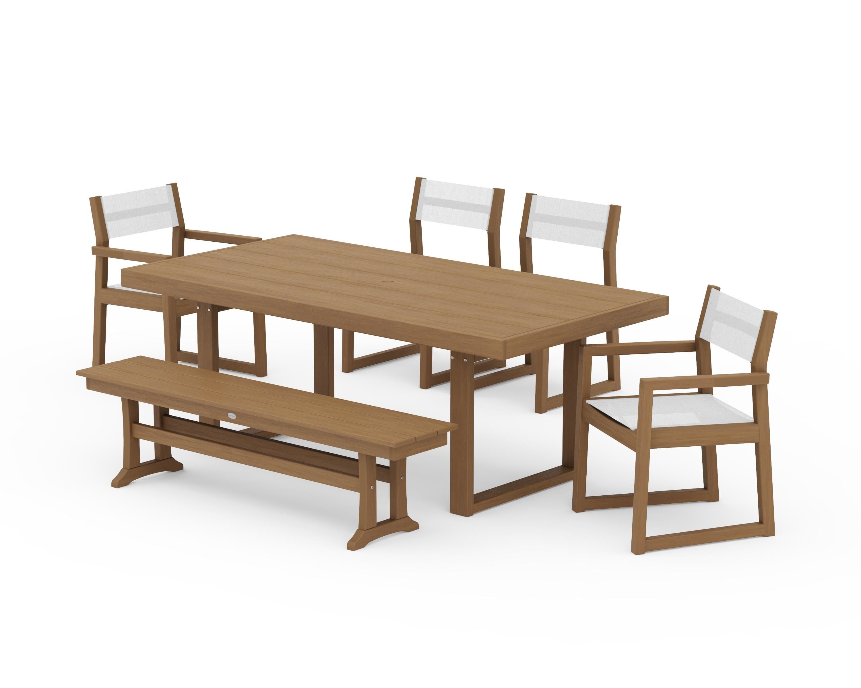 POLYWOOD EDGE Sling 6-Piece Dining Set with Bench in Natural / White Sling