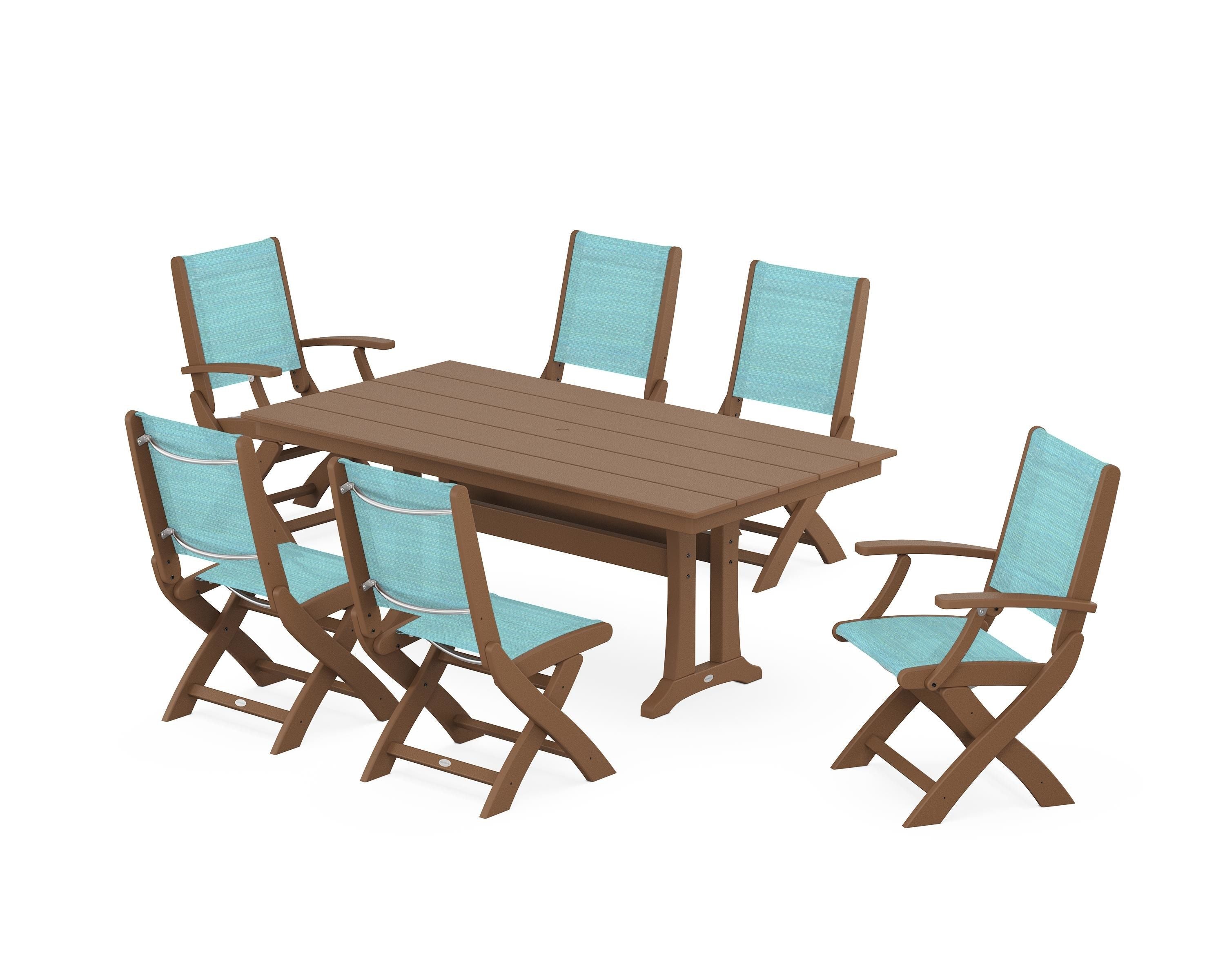 POLYWOOD Coastal Folding Chair 7-Piece Farmhouse Dining Set with Trestle Legs in Teak / Dupioni Aquamarine Sling