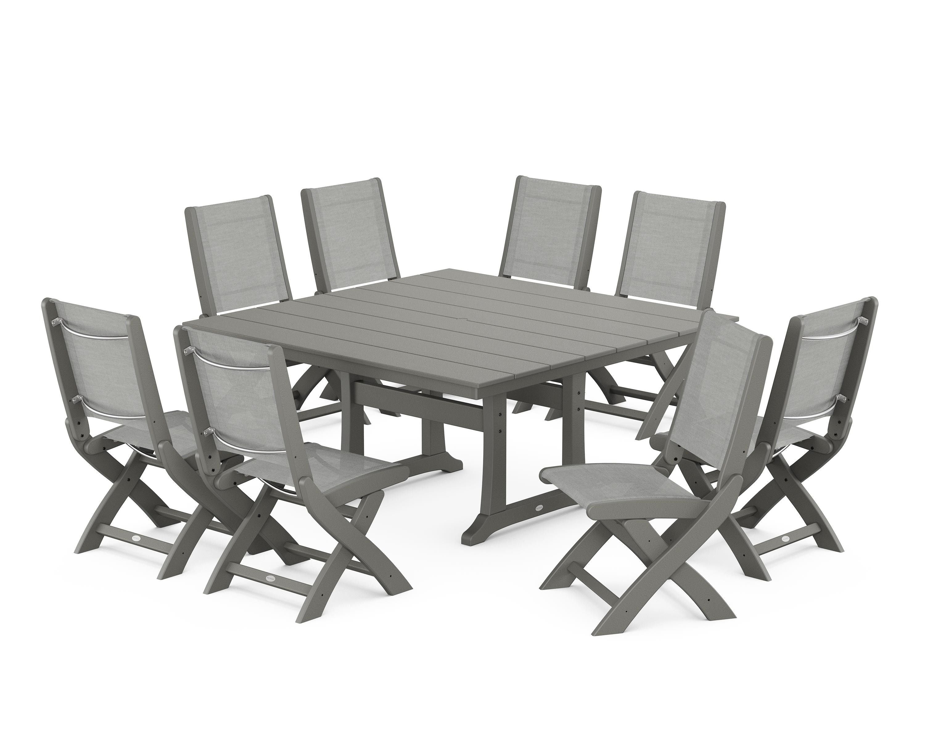 POLYWOOD Coastal Folding Side Chair 9-Piece Farmhouse Dining Set in Slate Grey / Metallic Sling