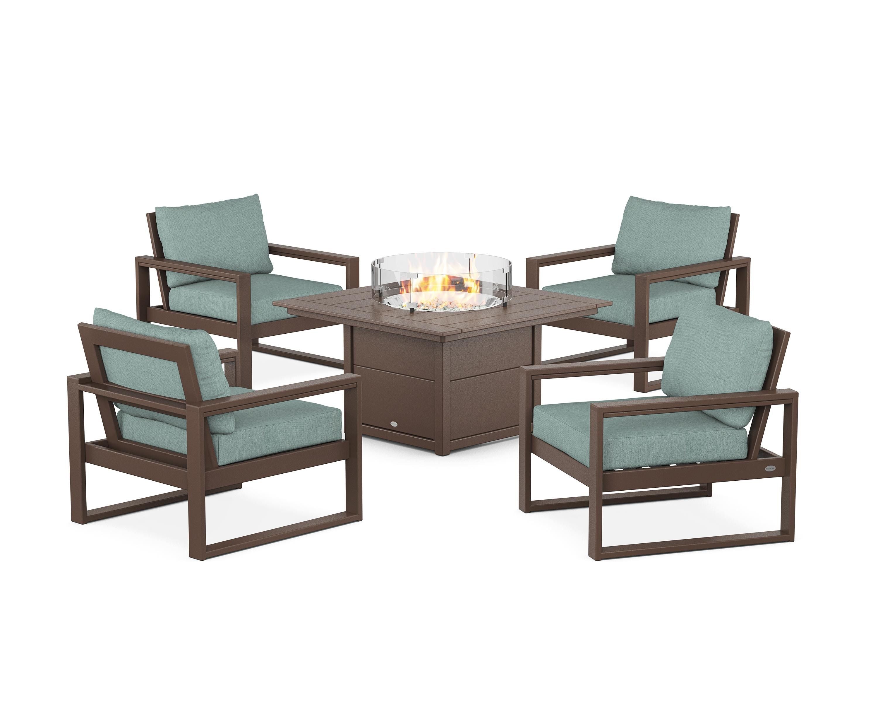 POLYWOOD EDGE Sectional 5-Piece Deep Seating Set with Fire Pit Table in Mahogany / Glacier Spa
