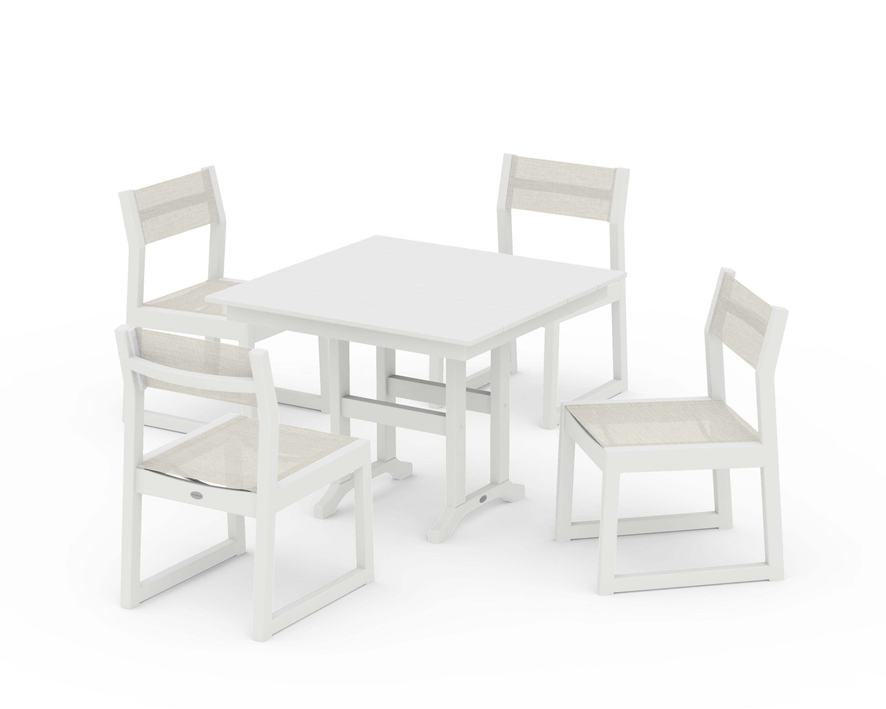 POLYWOOD EDGE Sling Side Chair 5-Piece Farmhouse Dining Set in White / Parchment Sling