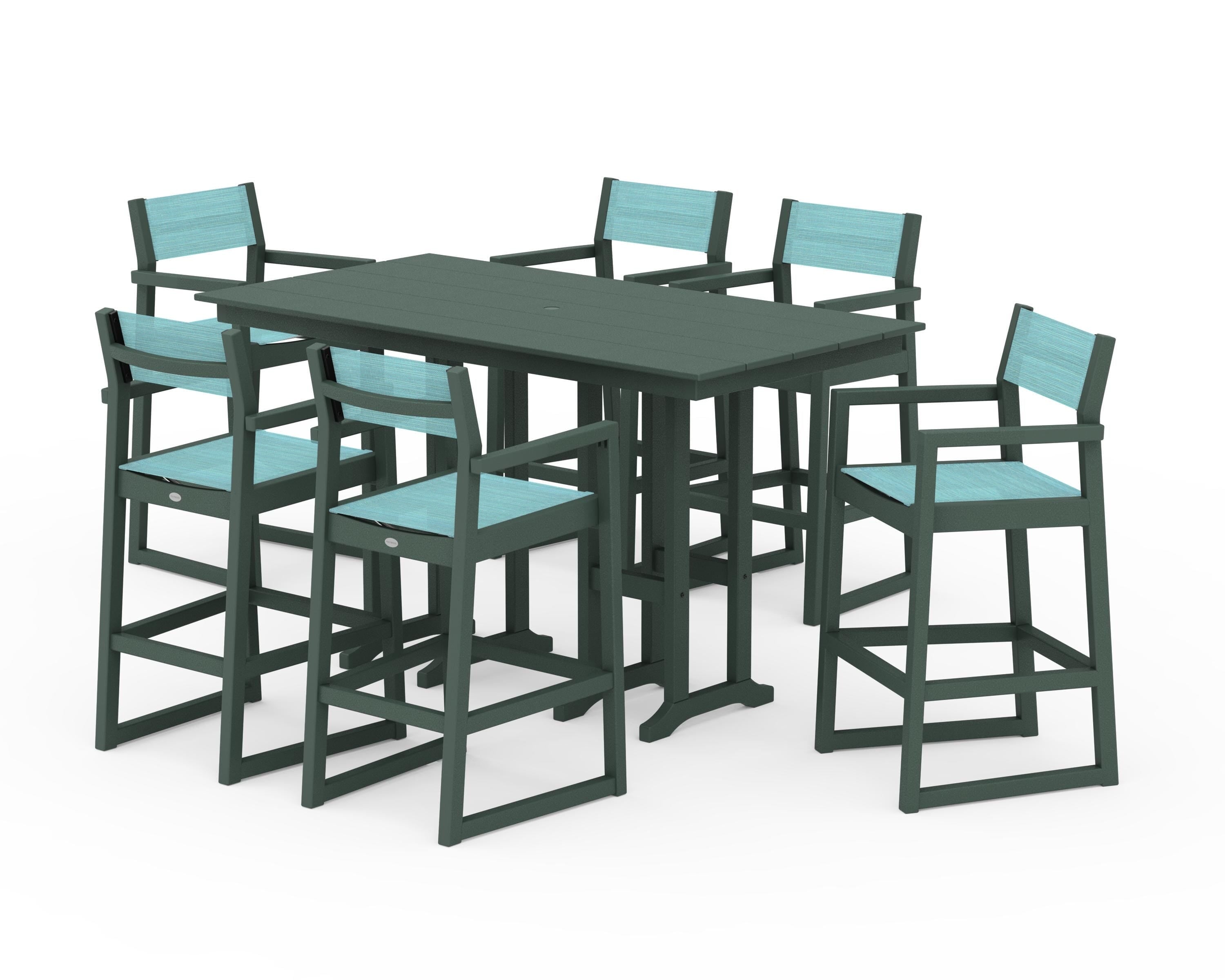 POLYWOOD EDGE Sling Arm Chair 7-Piece Farmhouse Bar Set in Green / Dupioni Aquamarine Sling