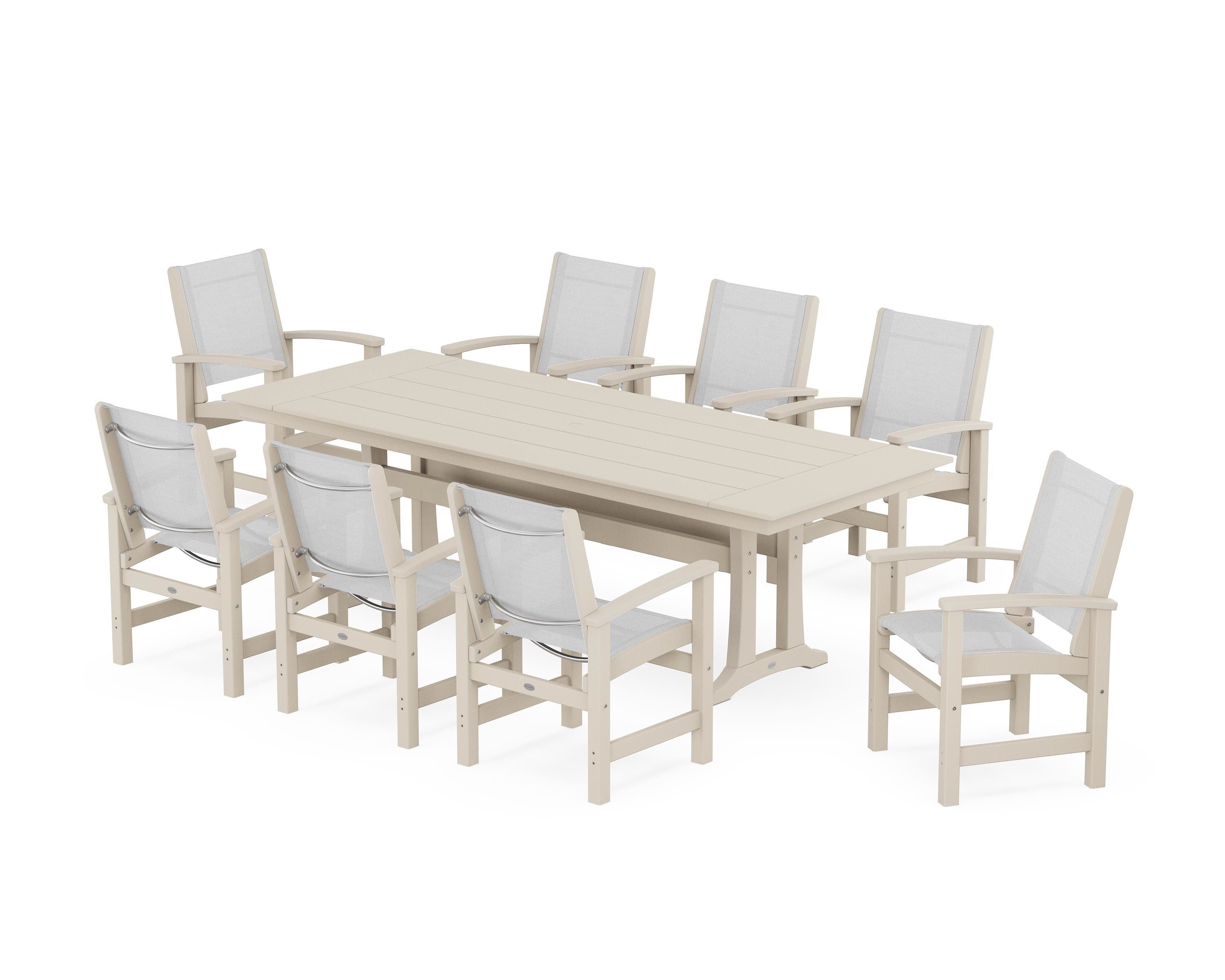 POLYWOOD Coastal 9-Piece Farmhouse Dining Set with Trestle Legs in Sand / White Sling