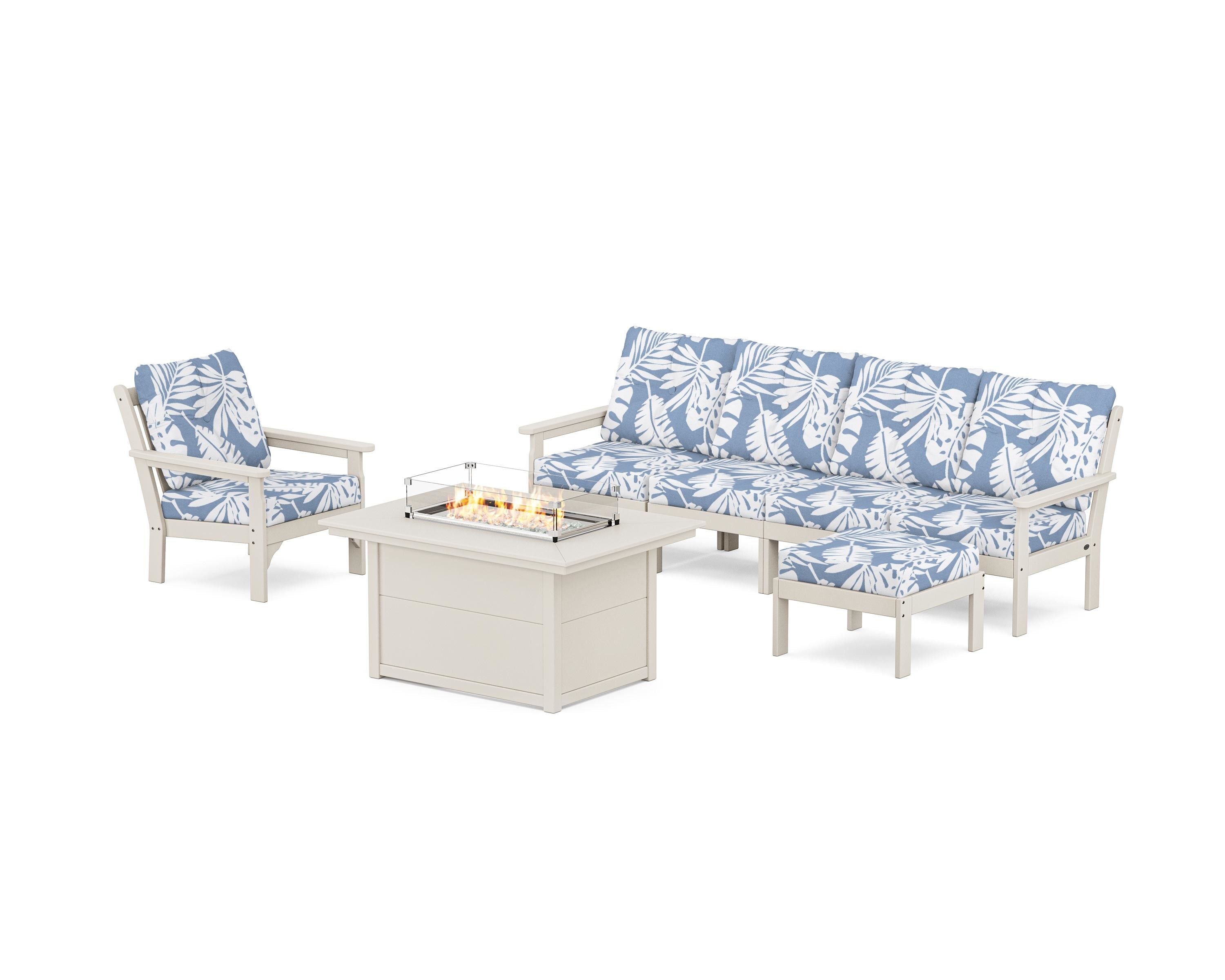 POLYWOOD Vineyard Sectional Lounge and Fire Pit Set in Sand / Leaf Sky Blue