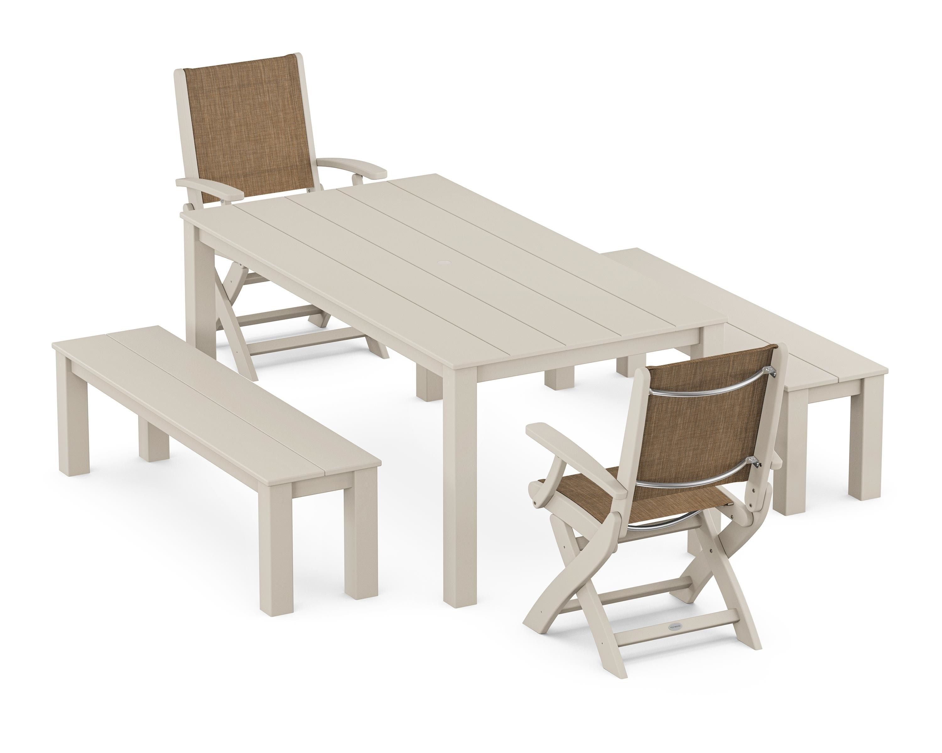 POLYWOOD Coastal Folding Chair 5-Piece Parsons Dining Set with Benches in Sand / Burlap Sling