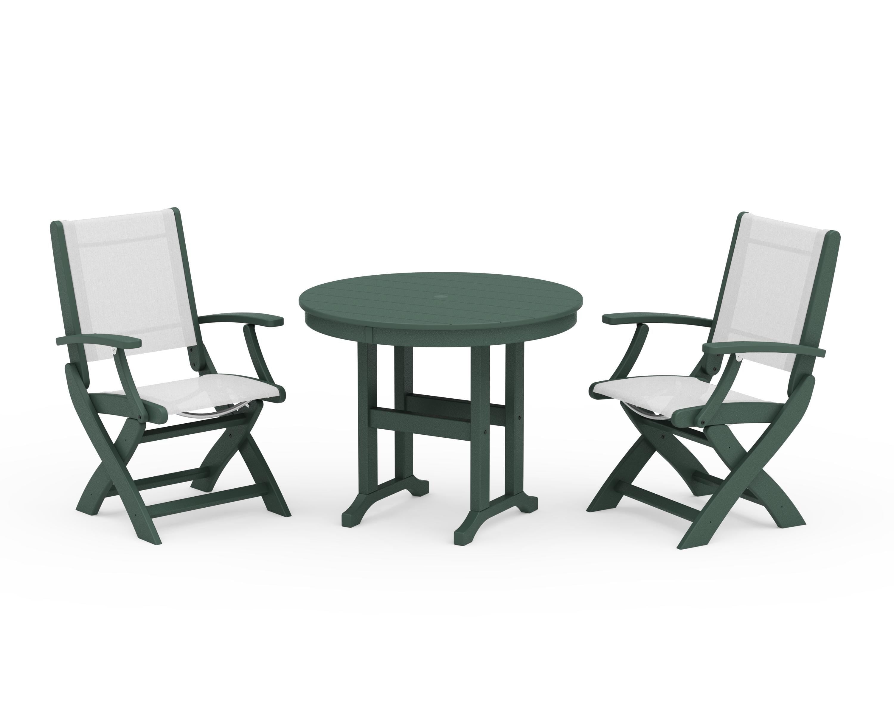 POLYWOOD Coastal Folding Chair 3-Piece Round Dining Set in Green / White Sling
