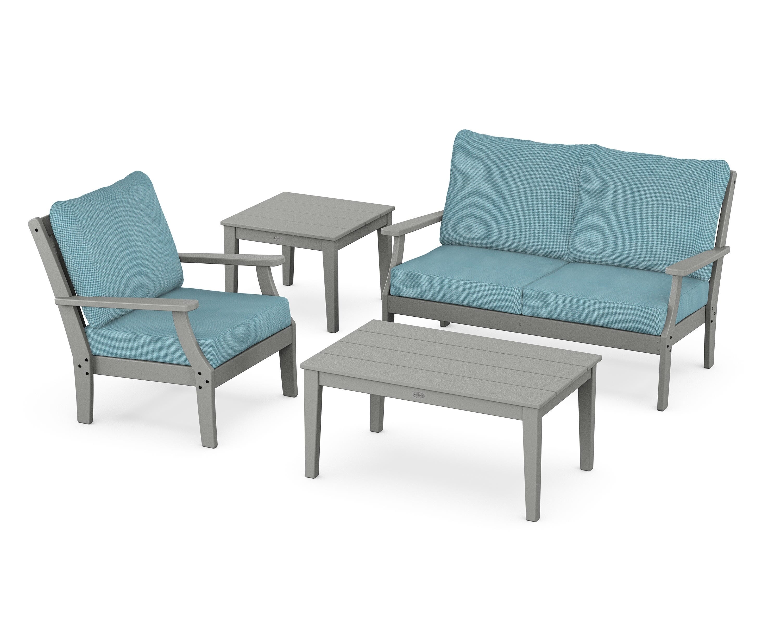 POLYWOOD Braxton 4-Piece Deep Seating Set in Slate Grey / Lattice Sky Blue