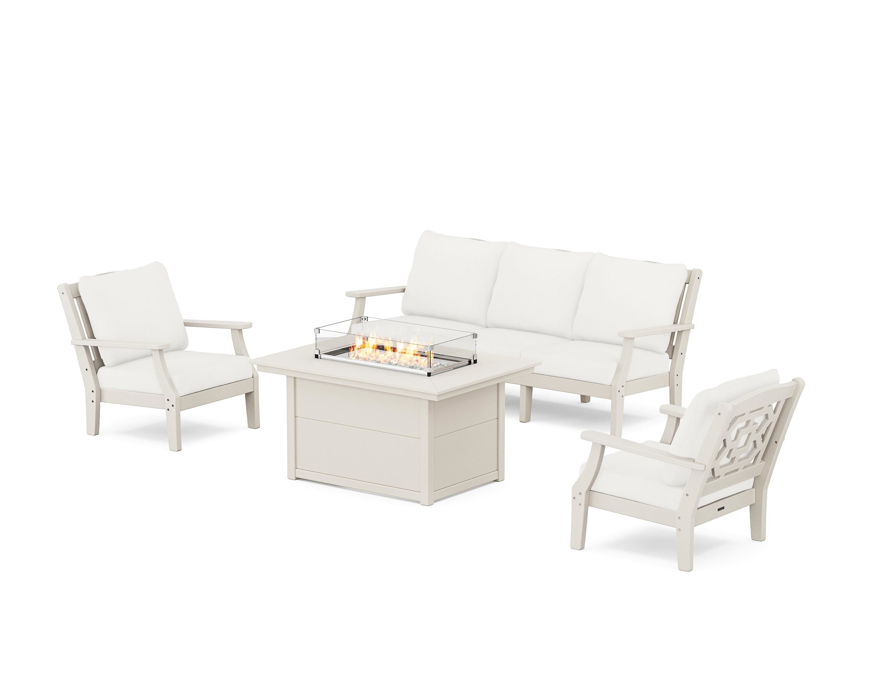 Martha Stewart by POLYWOOD Chinoiserie Deep Seating Fire Pit Table Set in Sand / Natural Linen