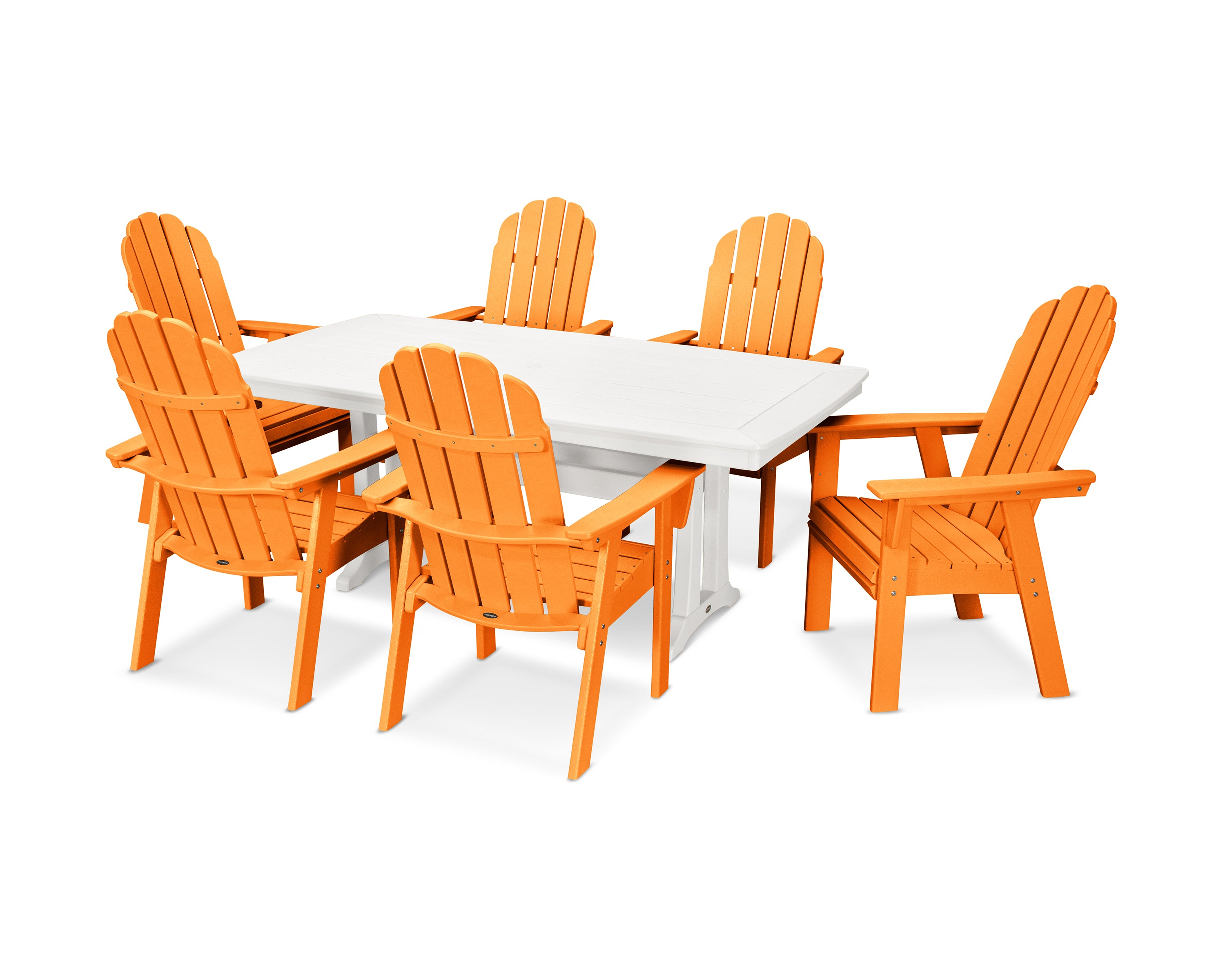 POLYWOOD® Vineyard Curveback Adirondack 7-Piece Dining Set with Trestle Legs in Tangerine / White