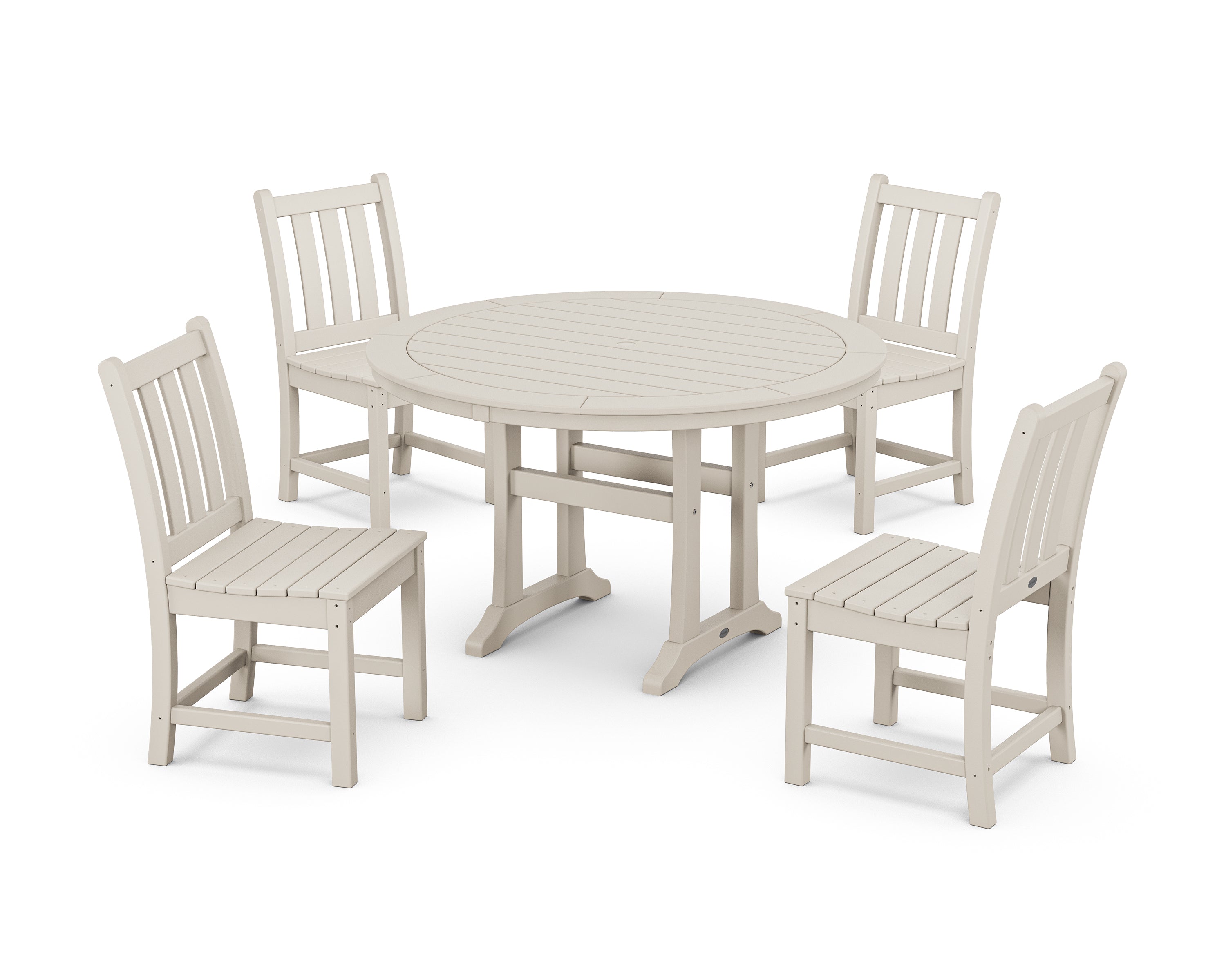 POLYWOOD® Traditional Garden Side Chair 5-Piece Round Dining Set With Trestle Legs in Sand