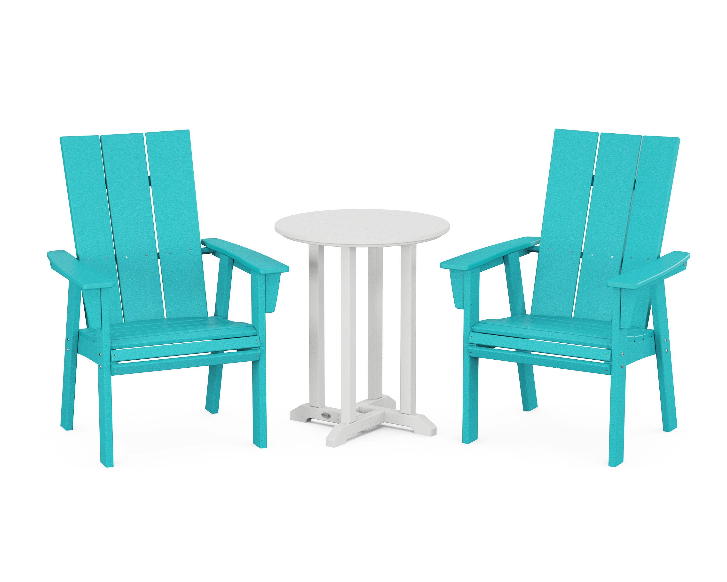 POLYWOOD® Modern Curveback Adirondack 3-Piece Round Dining Set in Aruba / White