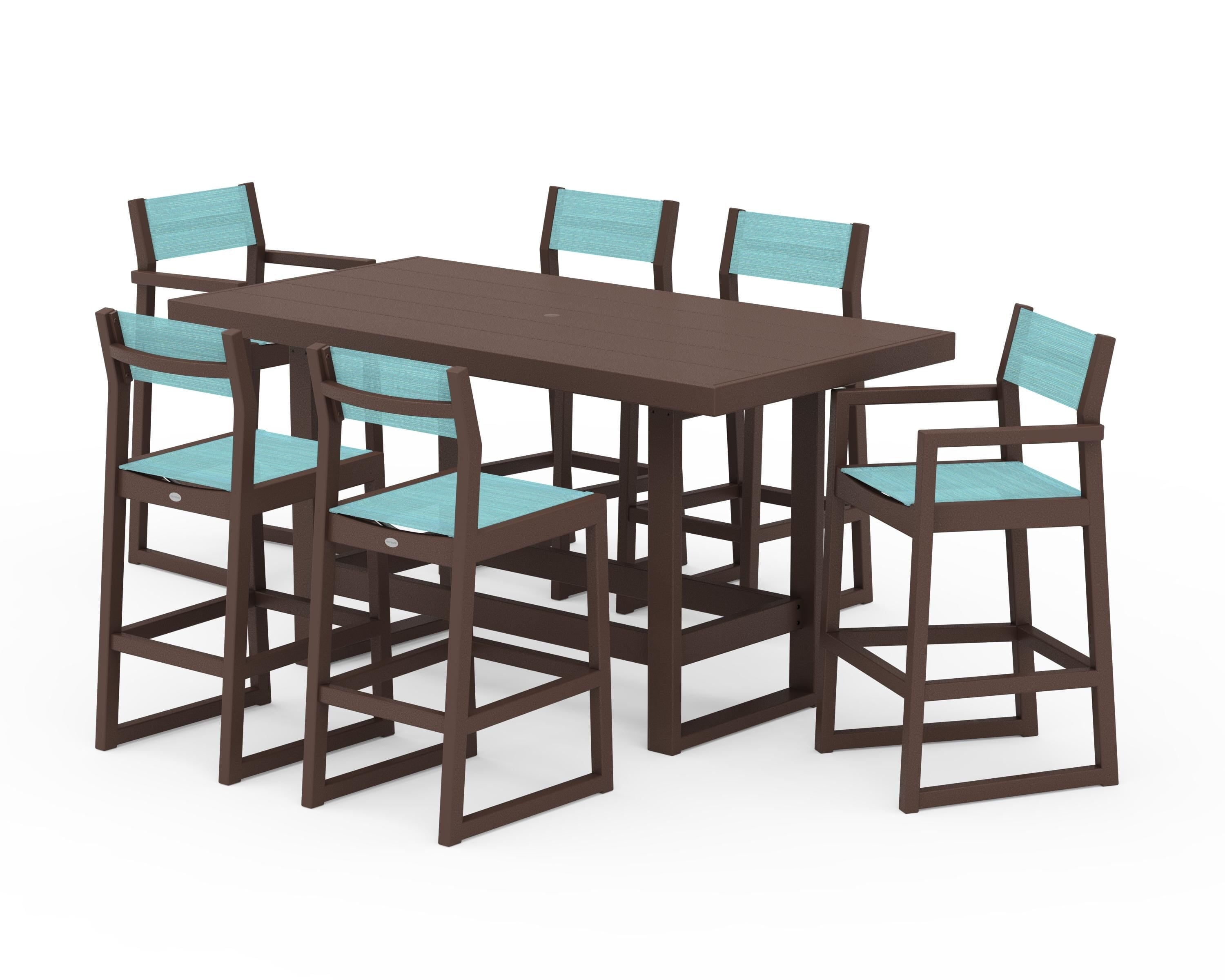 POLYWOOD EDGE Sling 7-Piece Bar Table Set in Mahogany / Dupioni Aquamarine Sling
