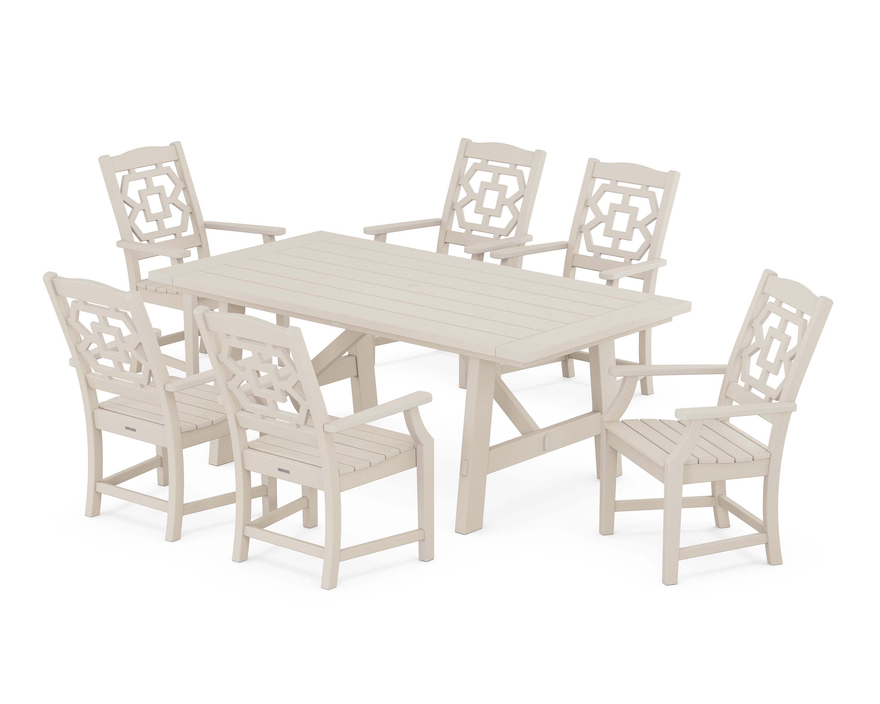 Martha Stewart by POLYWOOD® Chinoiserie Arm Chair 7-Piece Rustic Farmhouse Dining Set in Sand