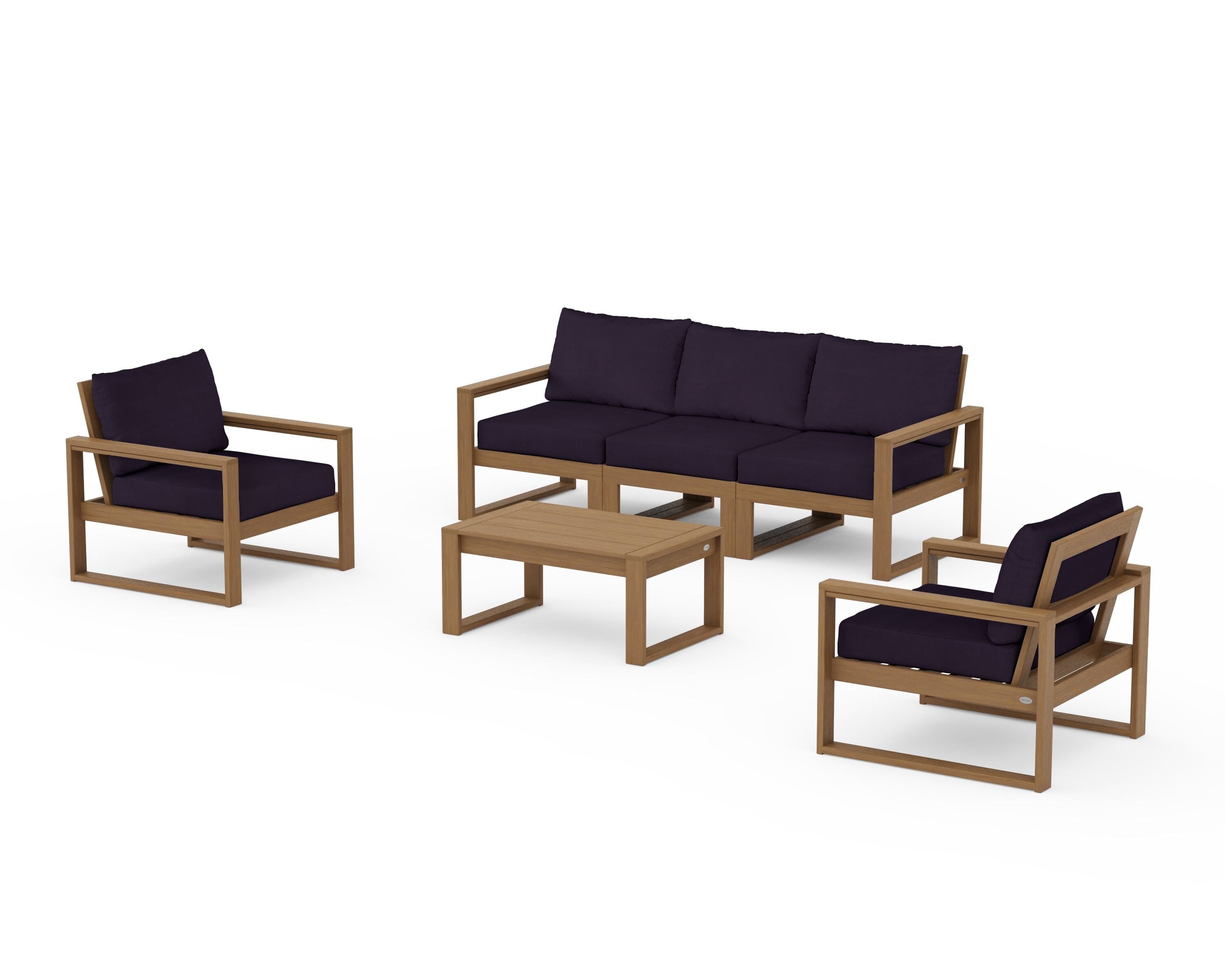POLYWOOD EDGE Sectional 4-Piece Deep Seating Set with Sofa in Natural / Navy Linen