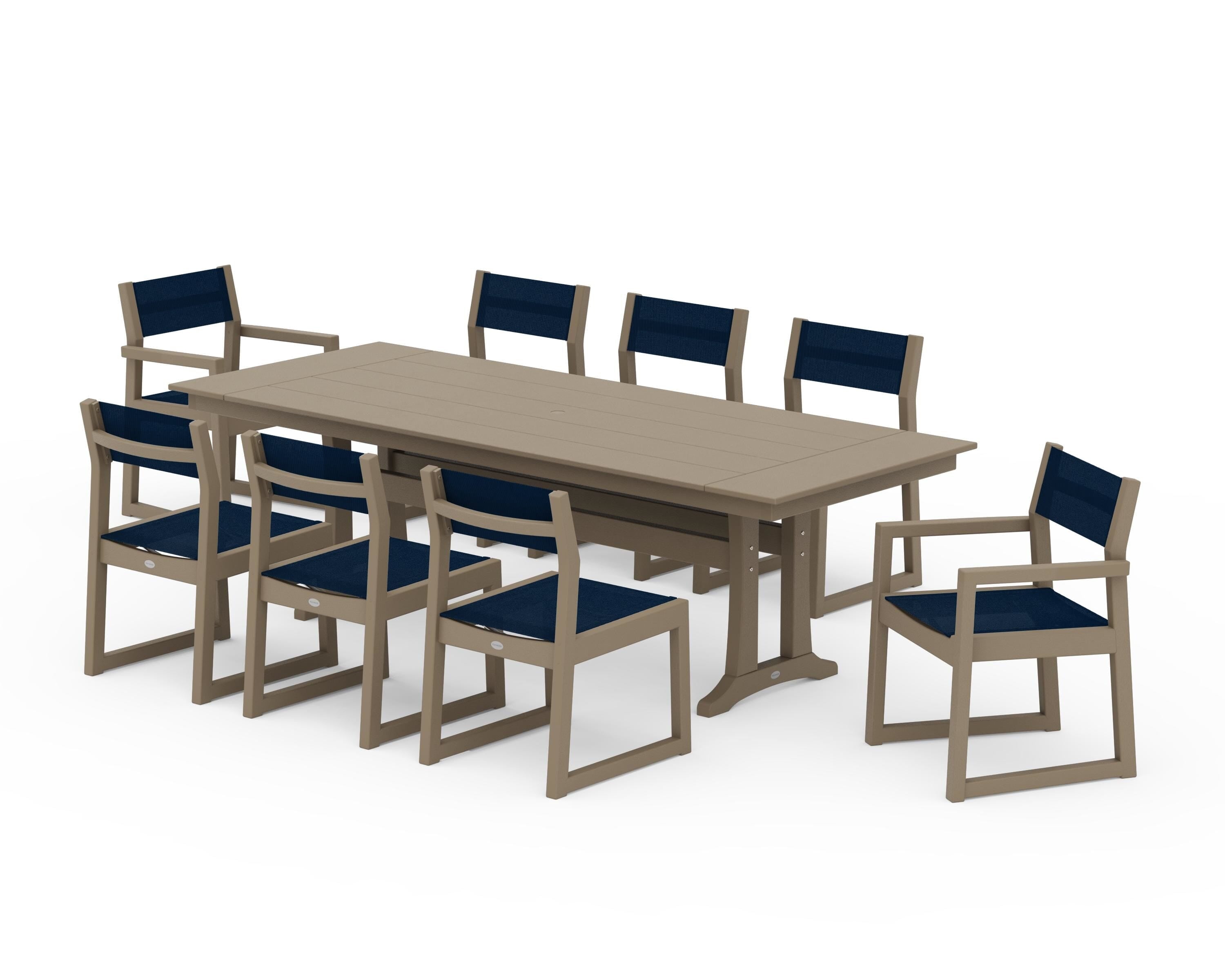 POLYWOOD EDGE Sling 9-Piece Farmhouse Trestle Dining Set in Vintage Sahara / Navy Blue Sling
