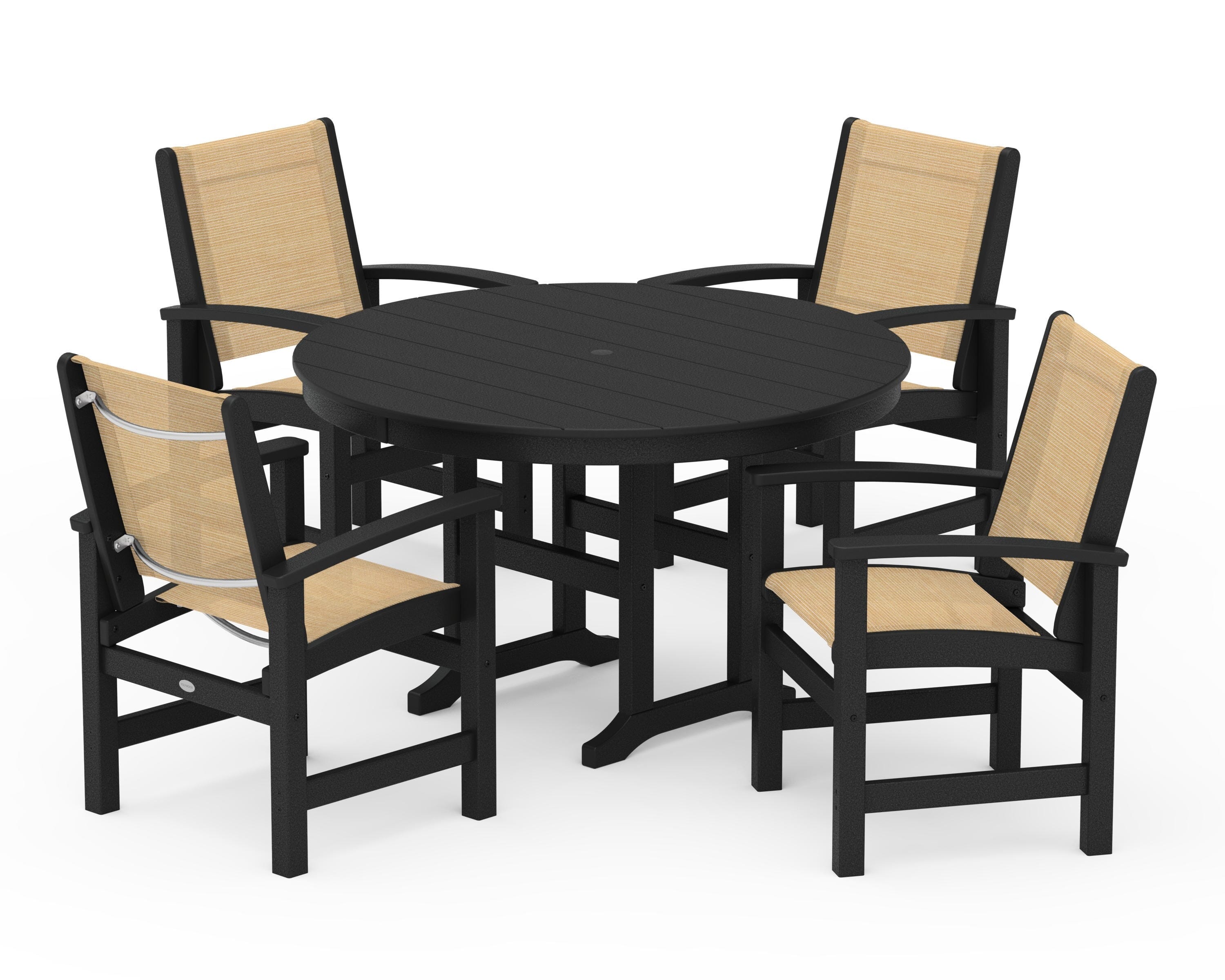 POLYWOOD Coastal 5-Piece Round Farmhouse Dining Set in Black / Dupioni Apricot Sling