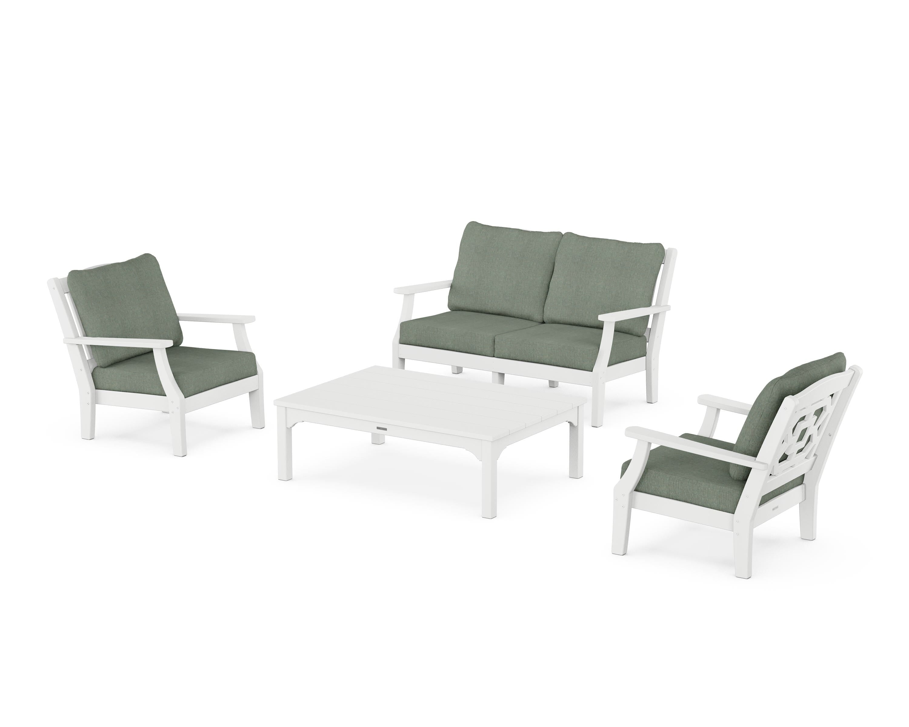 Martha Stewart by POLYWOOD Chinoiserie 4-Piece Deep Seating Set with Loveseat in White / Cast Sage