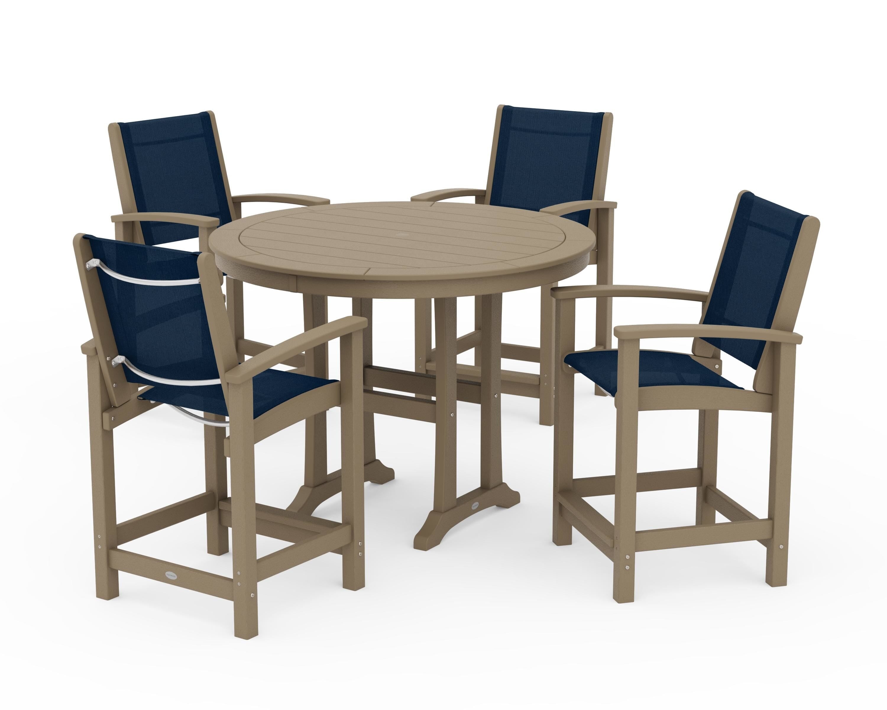 POLYWOOD Coastal 5-Piece Counter Set in Vintage Sahara / Navy Blue Sling