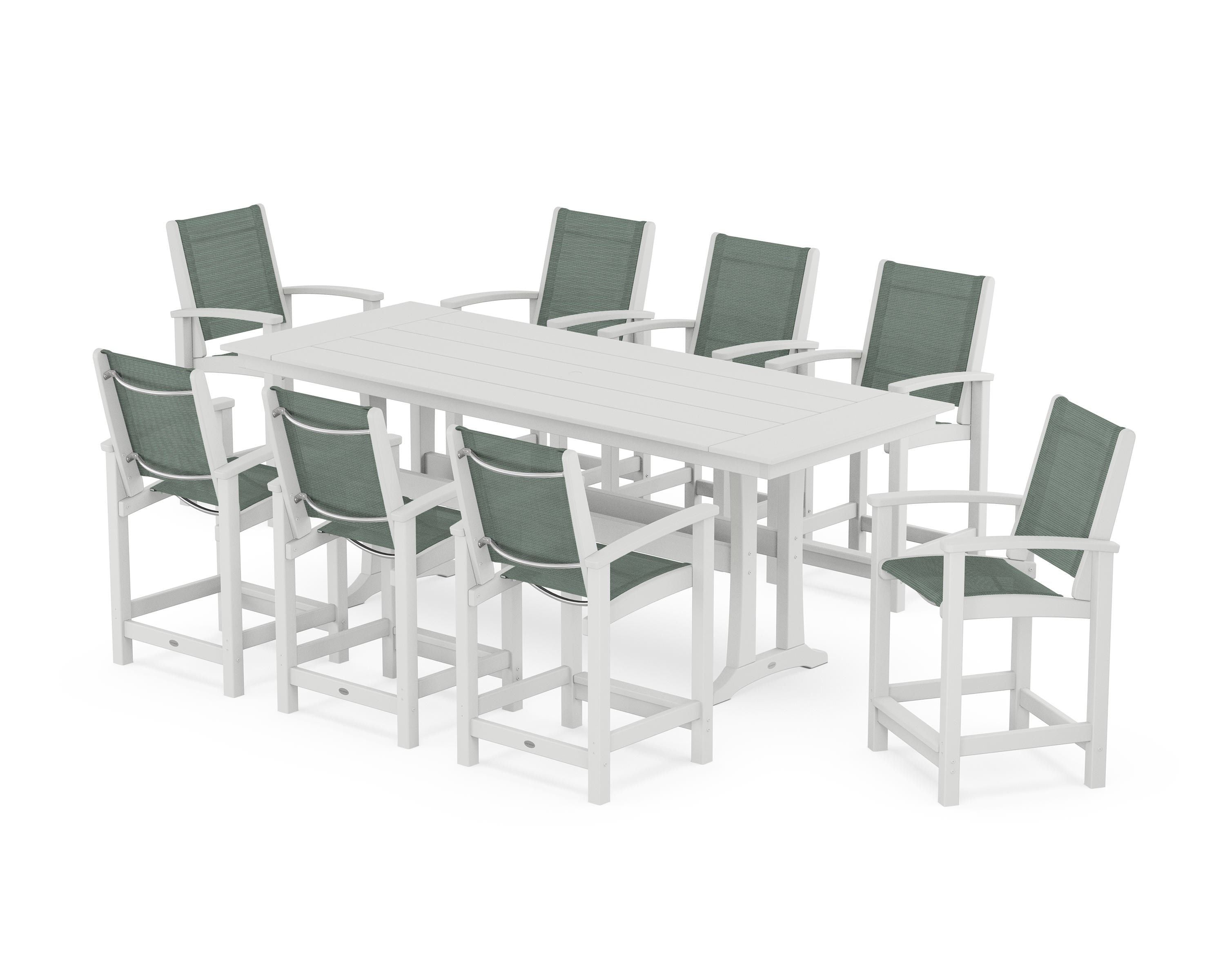 POLYWOOD Coastal 9-Piece Farmhouse Counter Set with Trestle Legs in White / Dupioni Sea Mist Sling