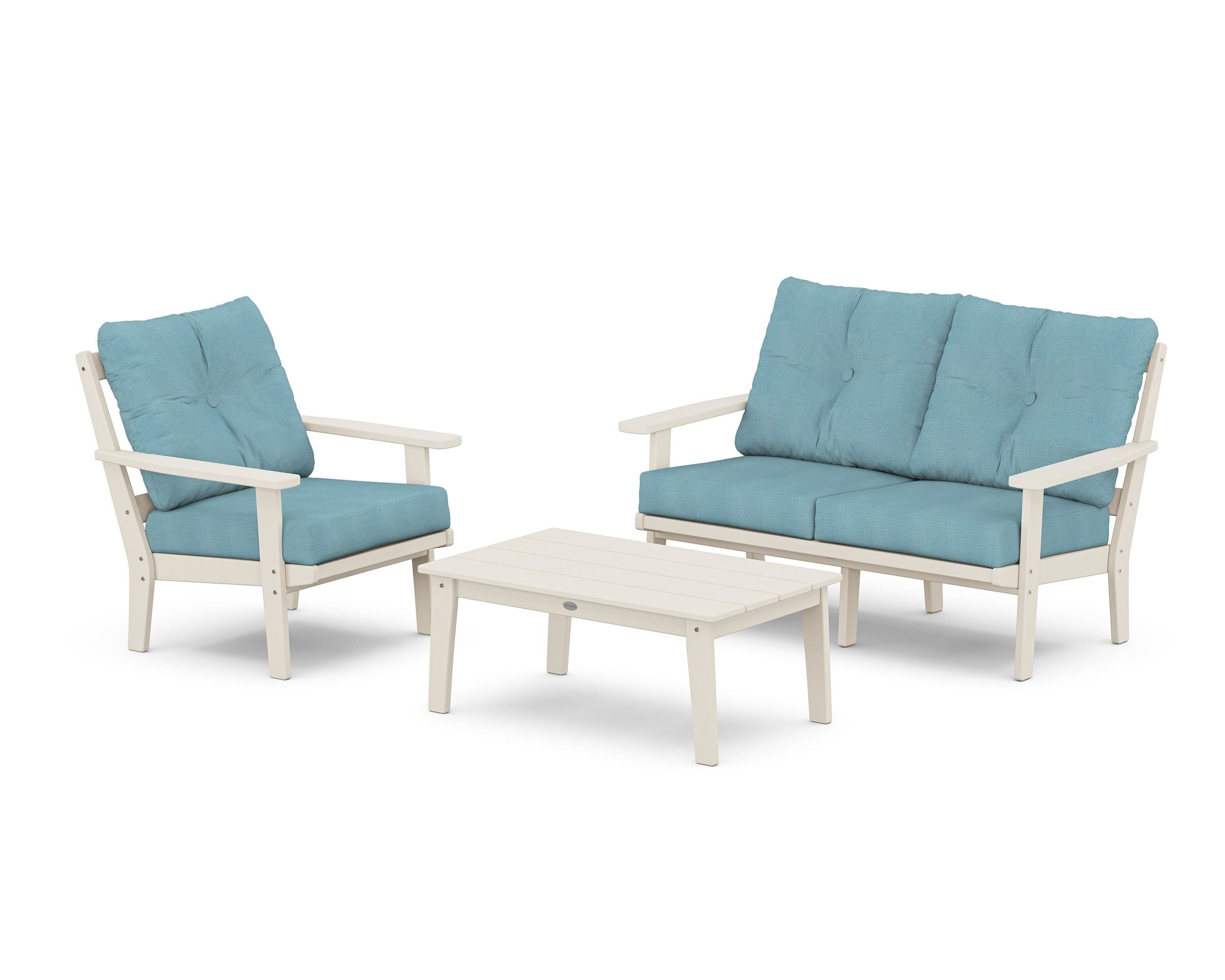 POLYWOOD Oxford 3-Piece Deep Seating Set with Loveseat in Sand / Lattice Sky Blue