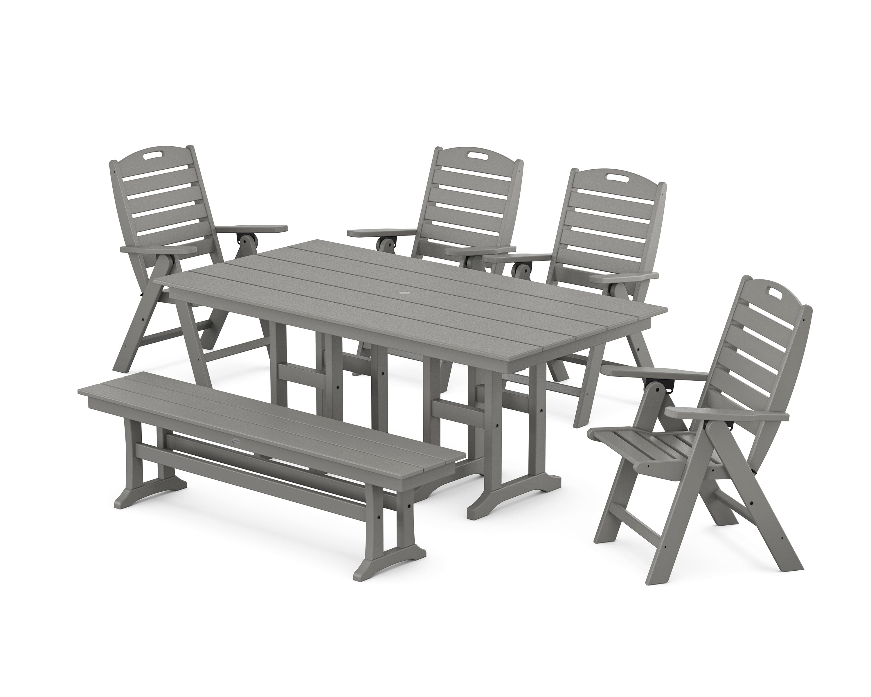 POLYWOOD Nautical Highback 6-Piece Farmhouse Dining Set with Bench in Slate Grey