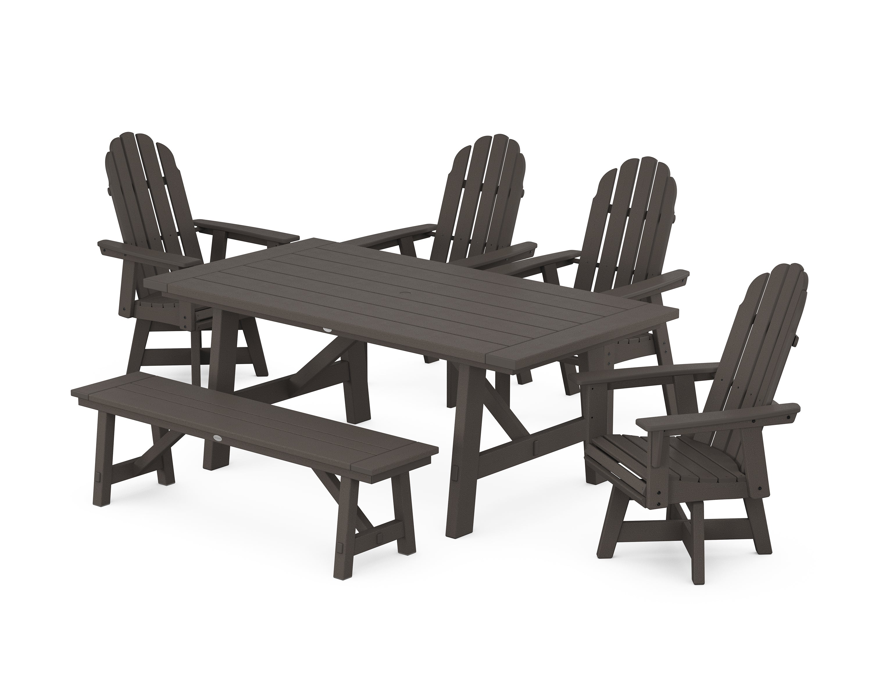 POLYWOOD® Vineyard Curveback Adirondack Swivel Chair 6-Piece Rustic Farmhouse Dining Set With Bench in Vintage Coffee