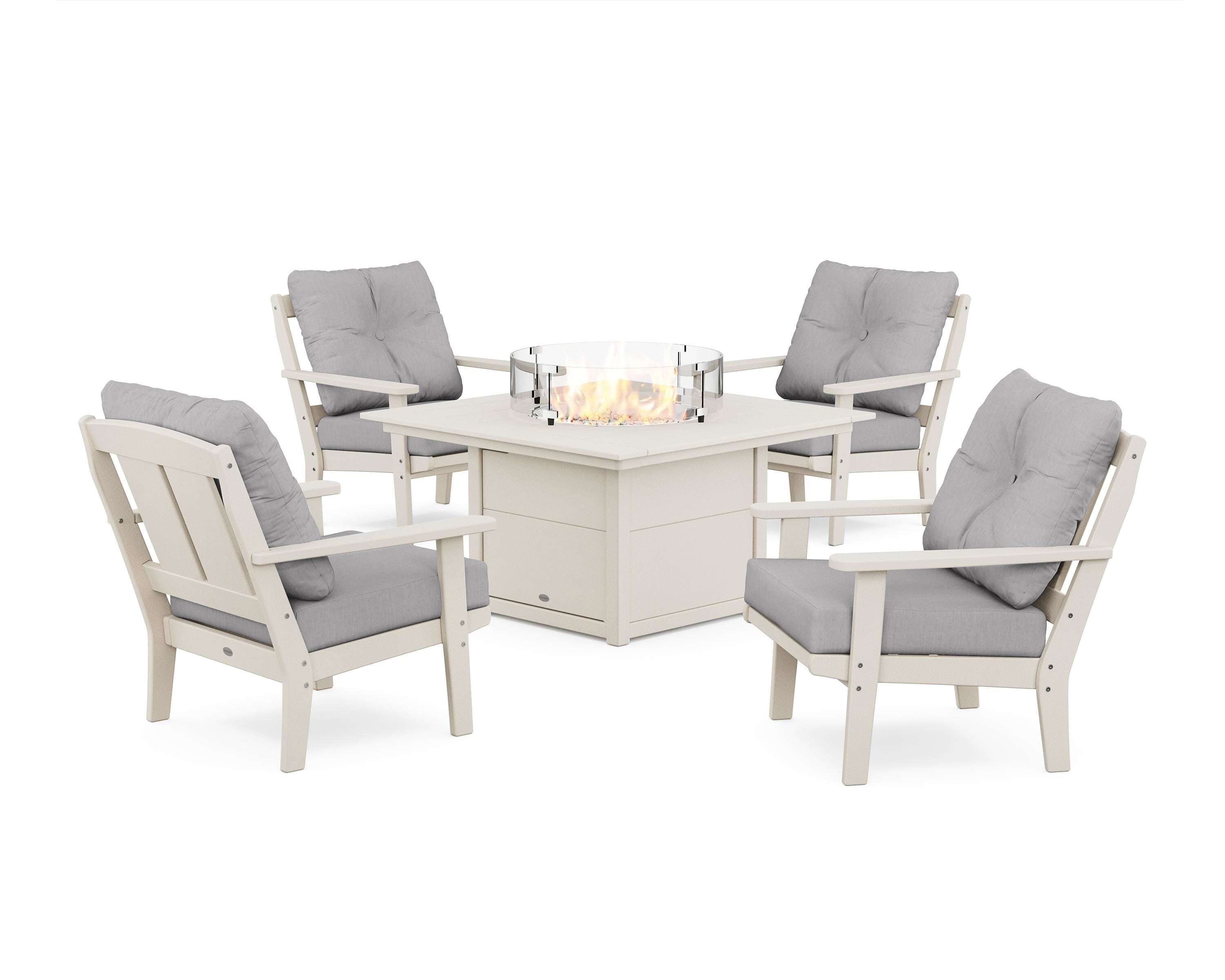 POLYWOOD Mission 5-Piece Deep Seating Set with Fire Pit Table in Sand / Granite