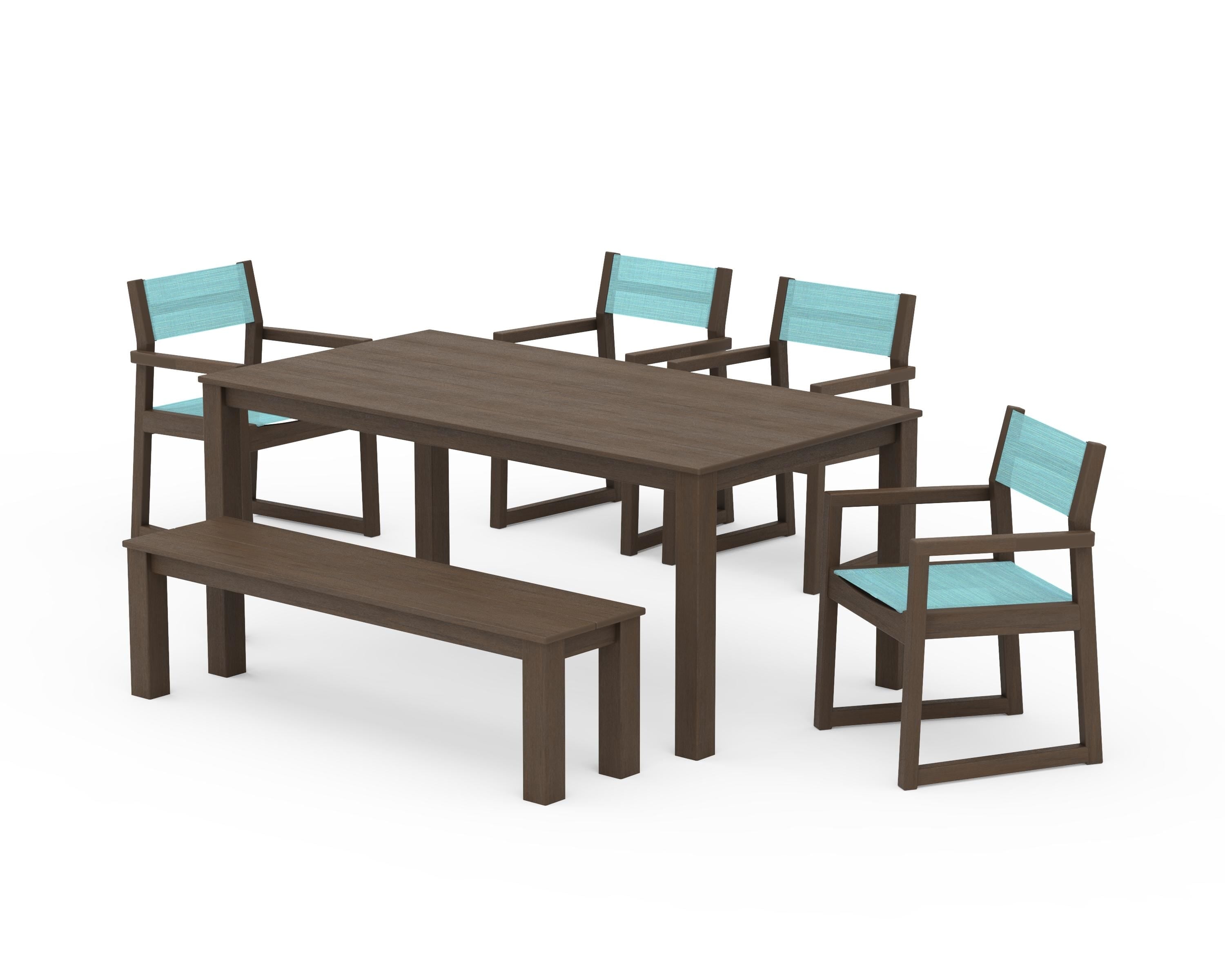 POLYWOOD EDGE Sling Arm Chair 6-Piece Parsons Dining Set with Bench in Kona / Dupioni Aquamarine Sling
