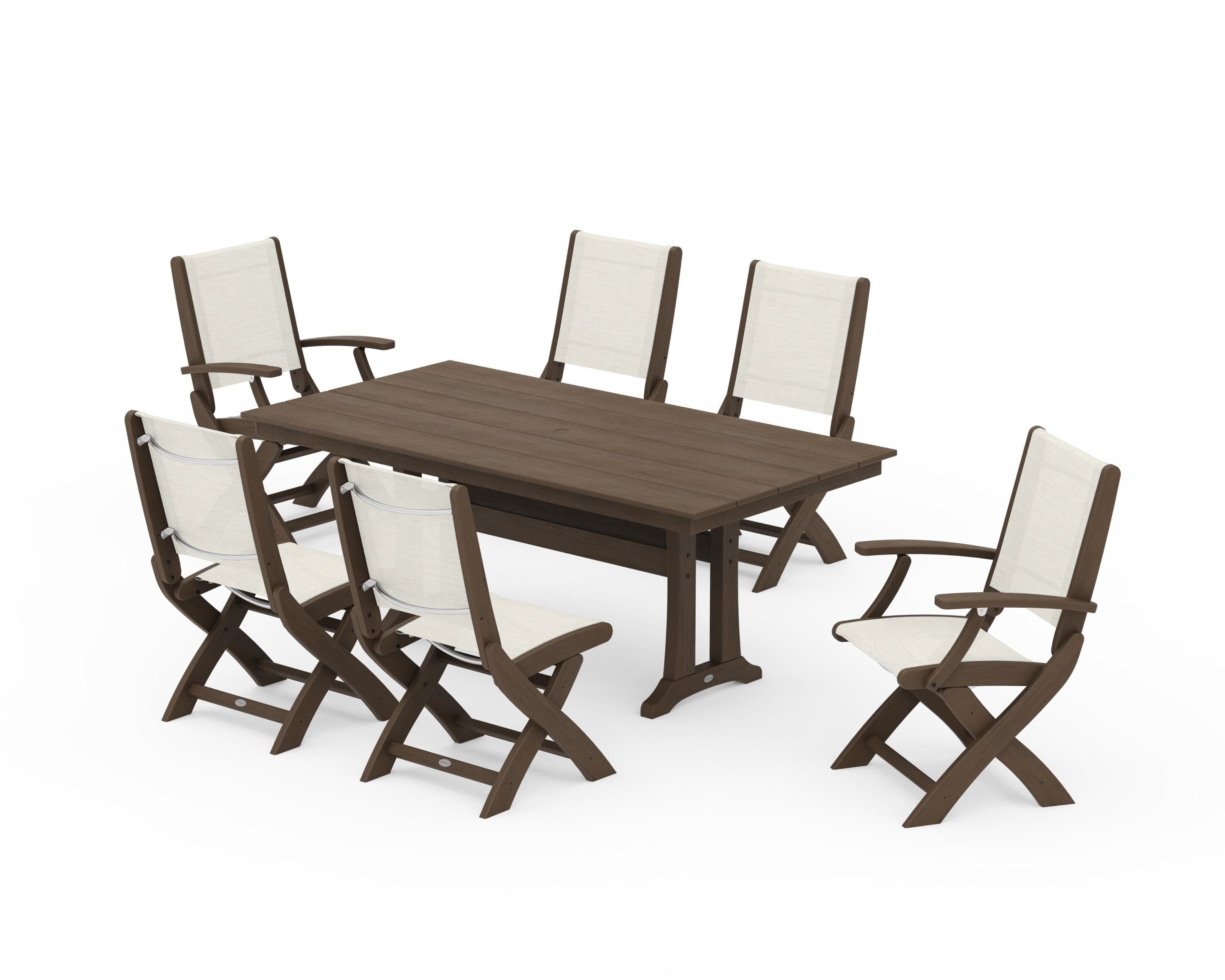 POLYWOOD Coastal Folding Chair 7-Piece Farmhouse Dining Set with Trestle Legs in Kona / Parchment Sling