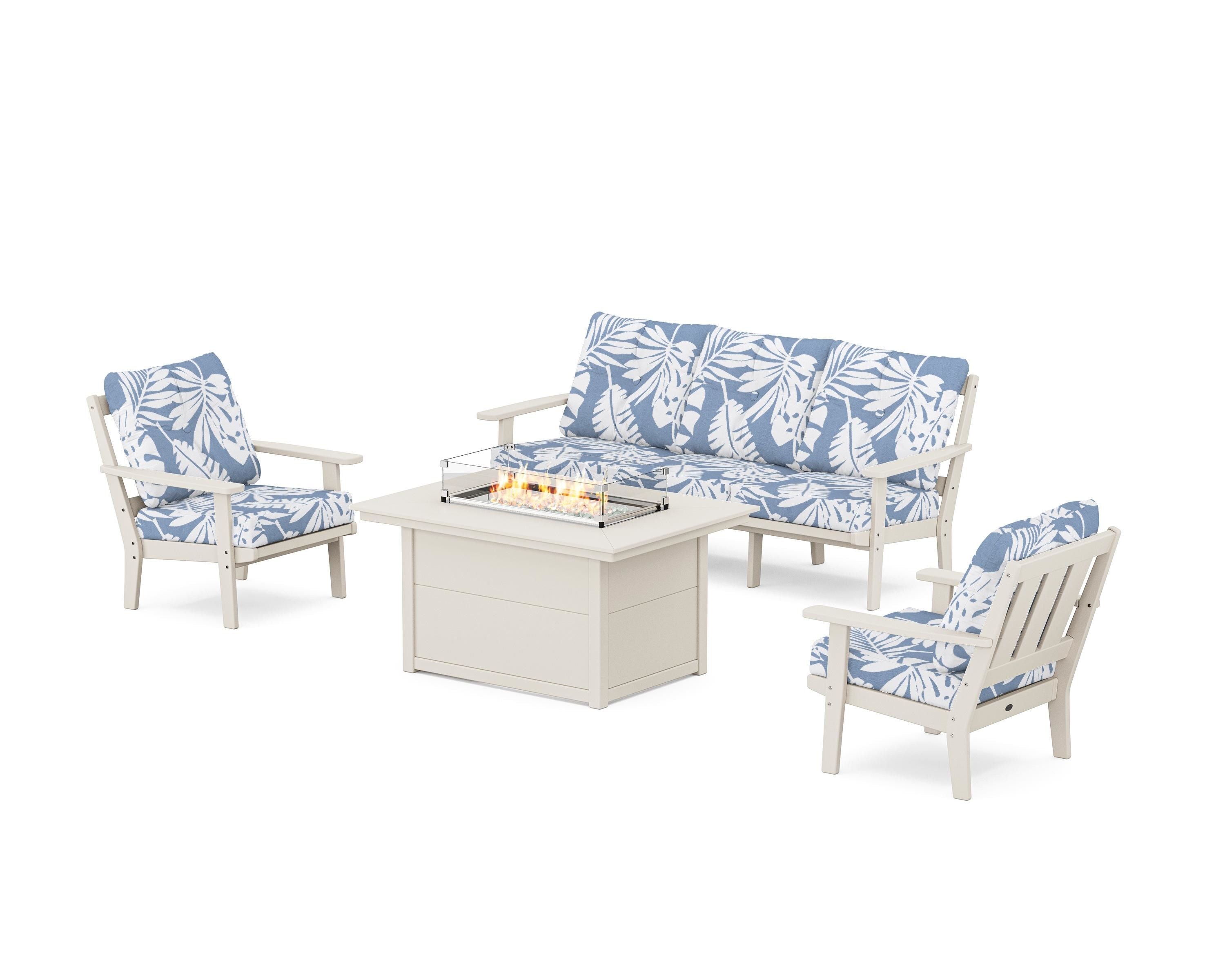 POLYWOOD Oxford Deep Seating Fire Pit Table Set in Sand / Leaf Sky Blue