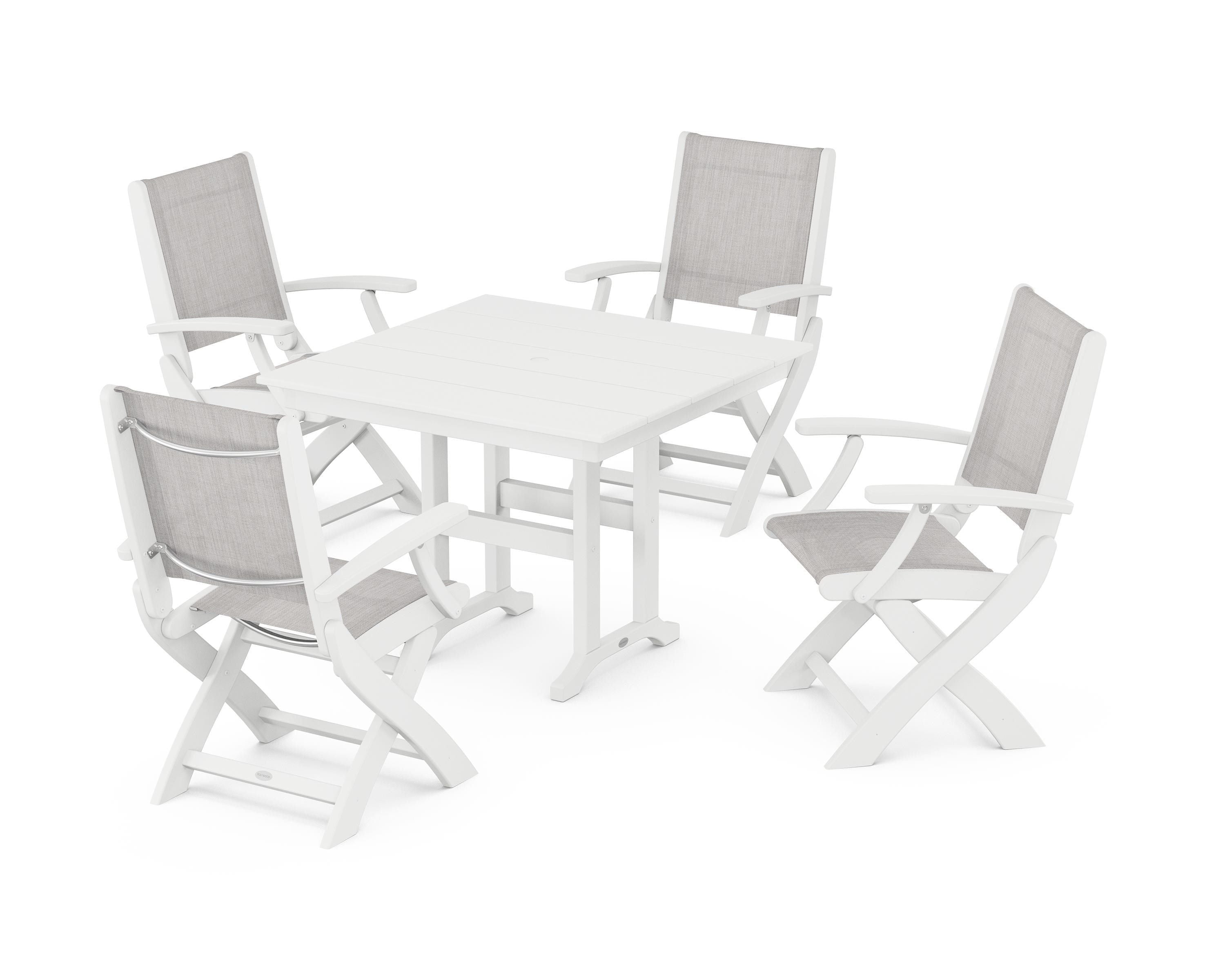 POLYWOOD Coastal Folding Chair 5-Piece Farmhouse Dining Set in White / Parchment Sling