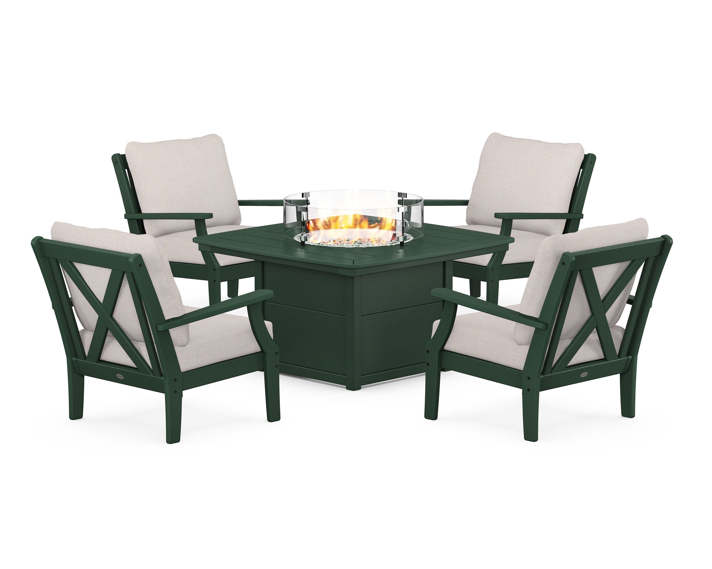 POLYWOOD Braxton 5-Piece Deep Seating Conversation Set with Fire Pit Table in Green / Dune Burlap