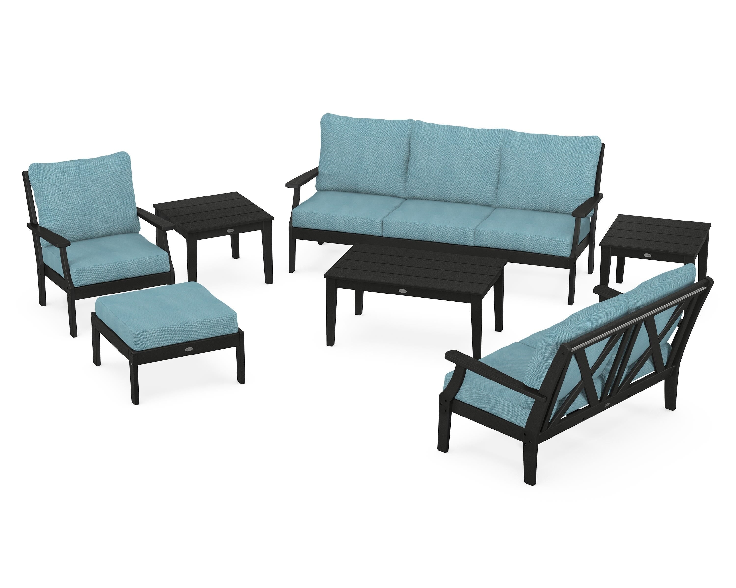 POLYWOOD Braxton 7-Piece Deep Seating Set in Black / Lattice Sky Blue